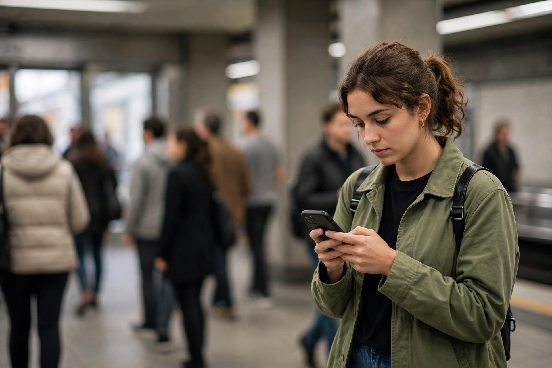 Passageira consulta no celular opções de parceiros perto de uma estação de metrô.