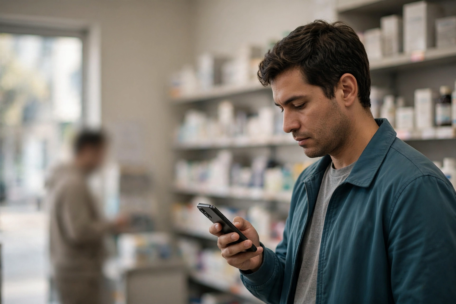 Cliente verifica no celular as regras de um benefício enquanto faz compras em uma farmácia.