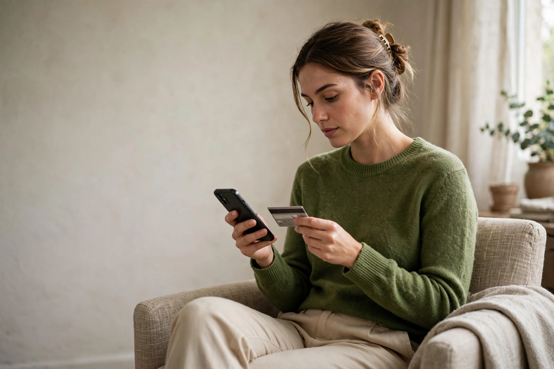 Mulher verifica uma assinatura no celular antes de realizar o pagamento com cartão.