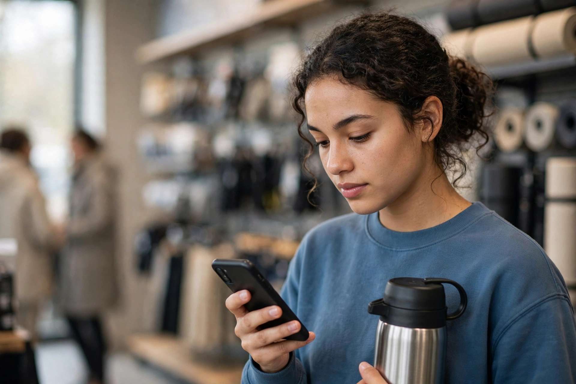 Jovem consulta benefícios no celular enquanto escolhe um produto em loja de artigos esportivos.