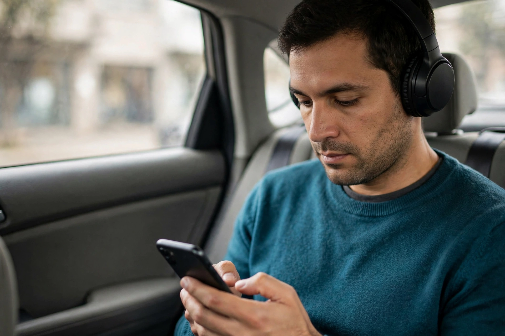 Homem ajusta a velocidade de reprodução de um podcast no celular dentro de um carro.