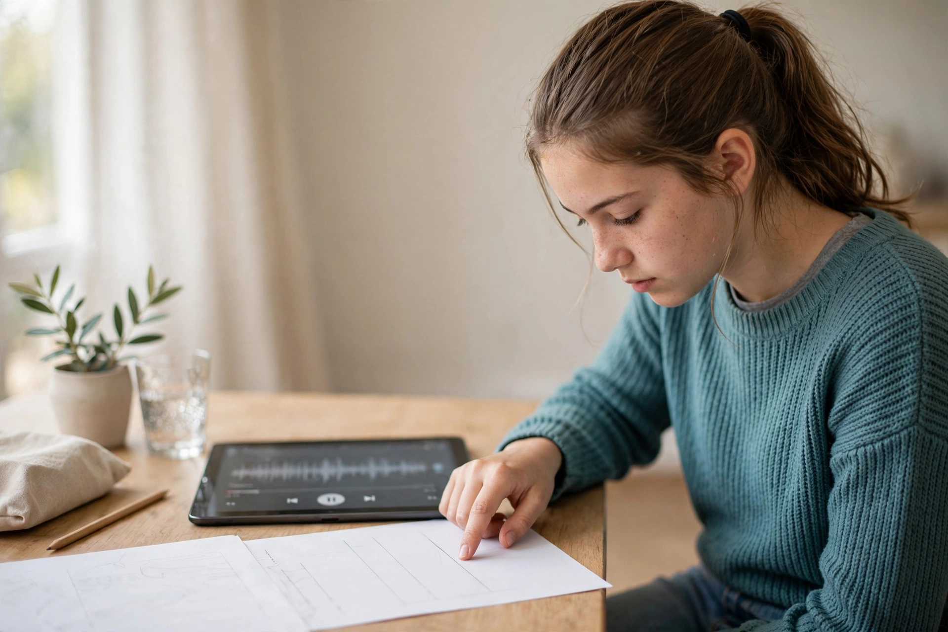 Adolescente acompanha a transcrição impressa enquanto ouve um podcast em inglês no tablet.