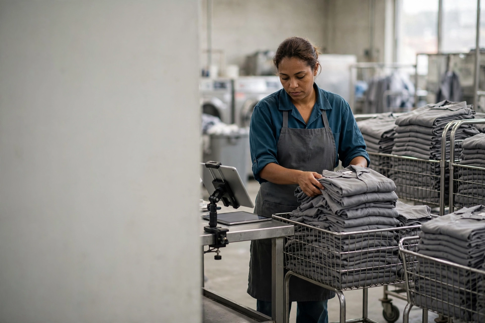 Funcionária de lavanderia organiza lotes repetitivos de uniformes iguais para processamento.