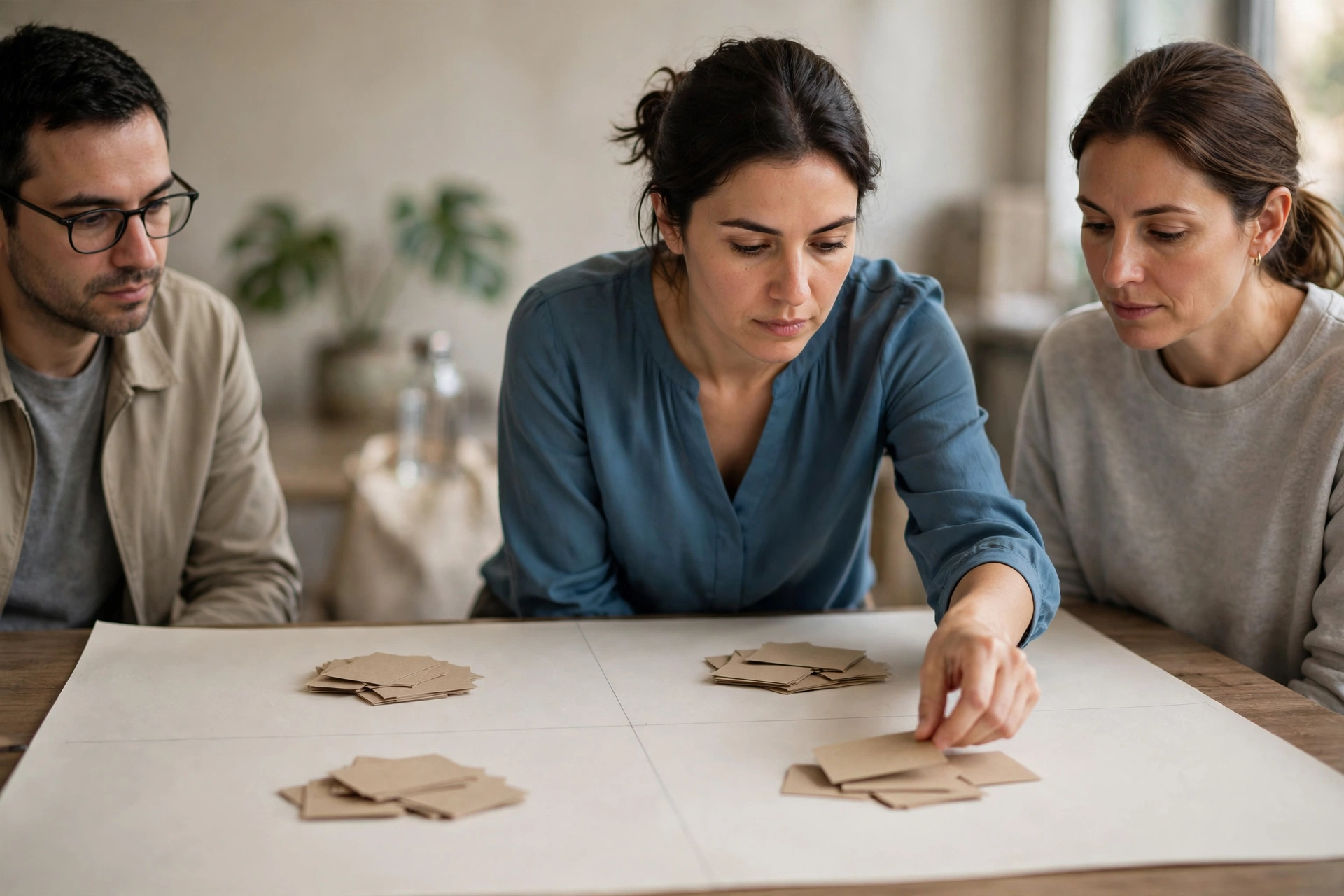 Profissional organiza cartões de processos em uma matriz de prioridade sobre a mesa.