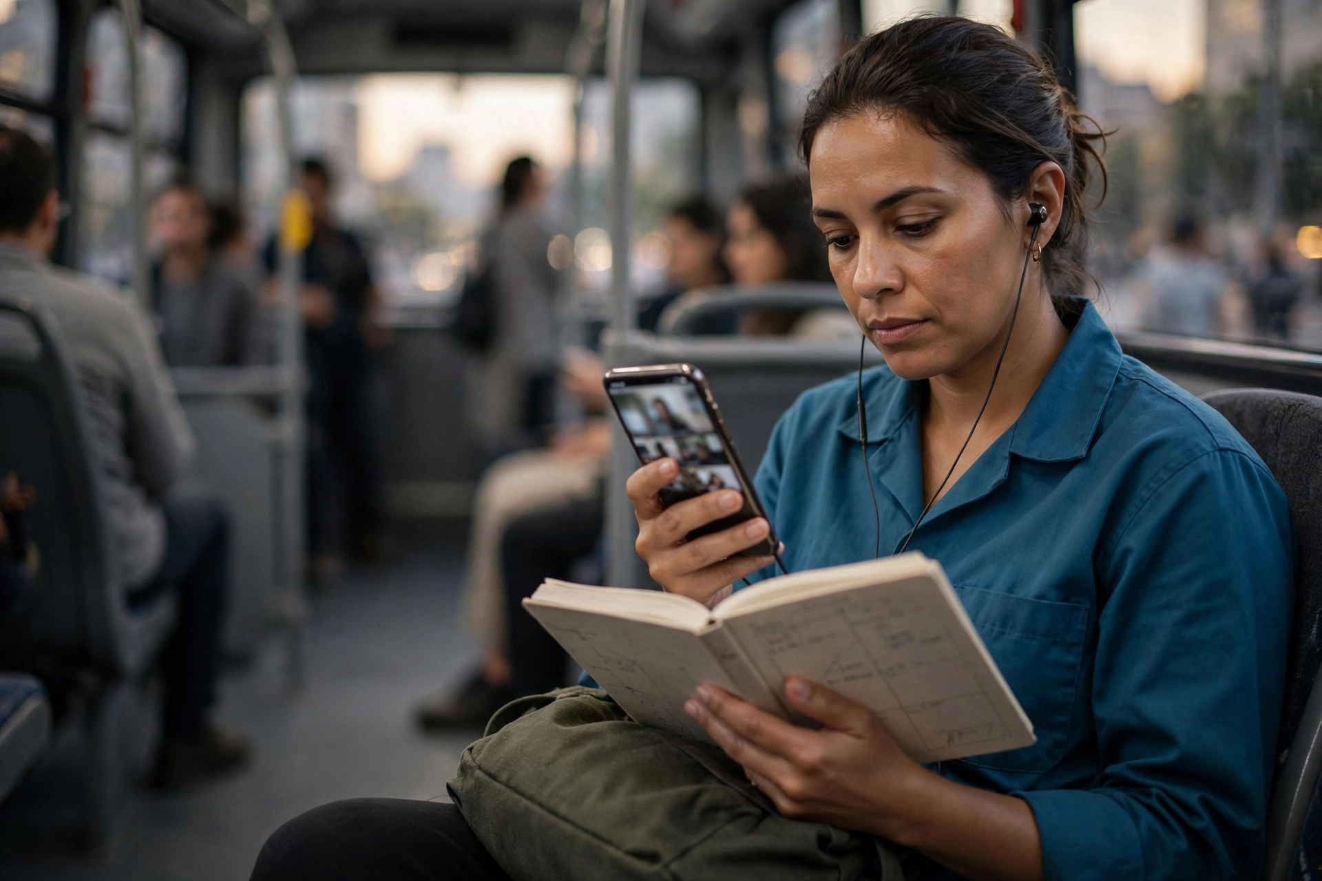 Mulher assiste a uma aula pelo celular no ônibus e organiza o tempo de estudo na agenda.