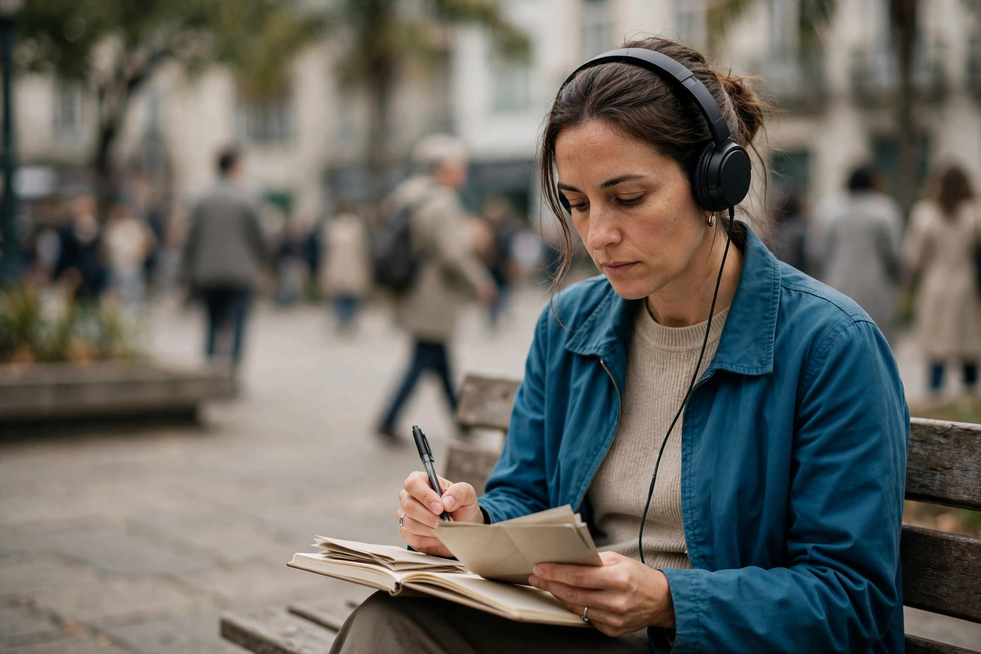 Mulher reouve um podcast ao ar livre e confere o que conseguiu compreender melhor.