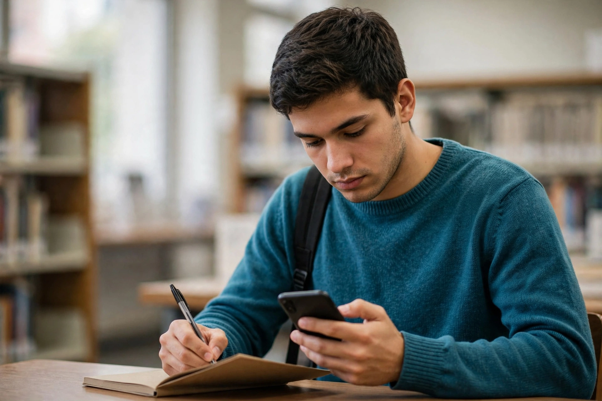 Jovem anota em um caderno o número da sorte consultado no celular.
