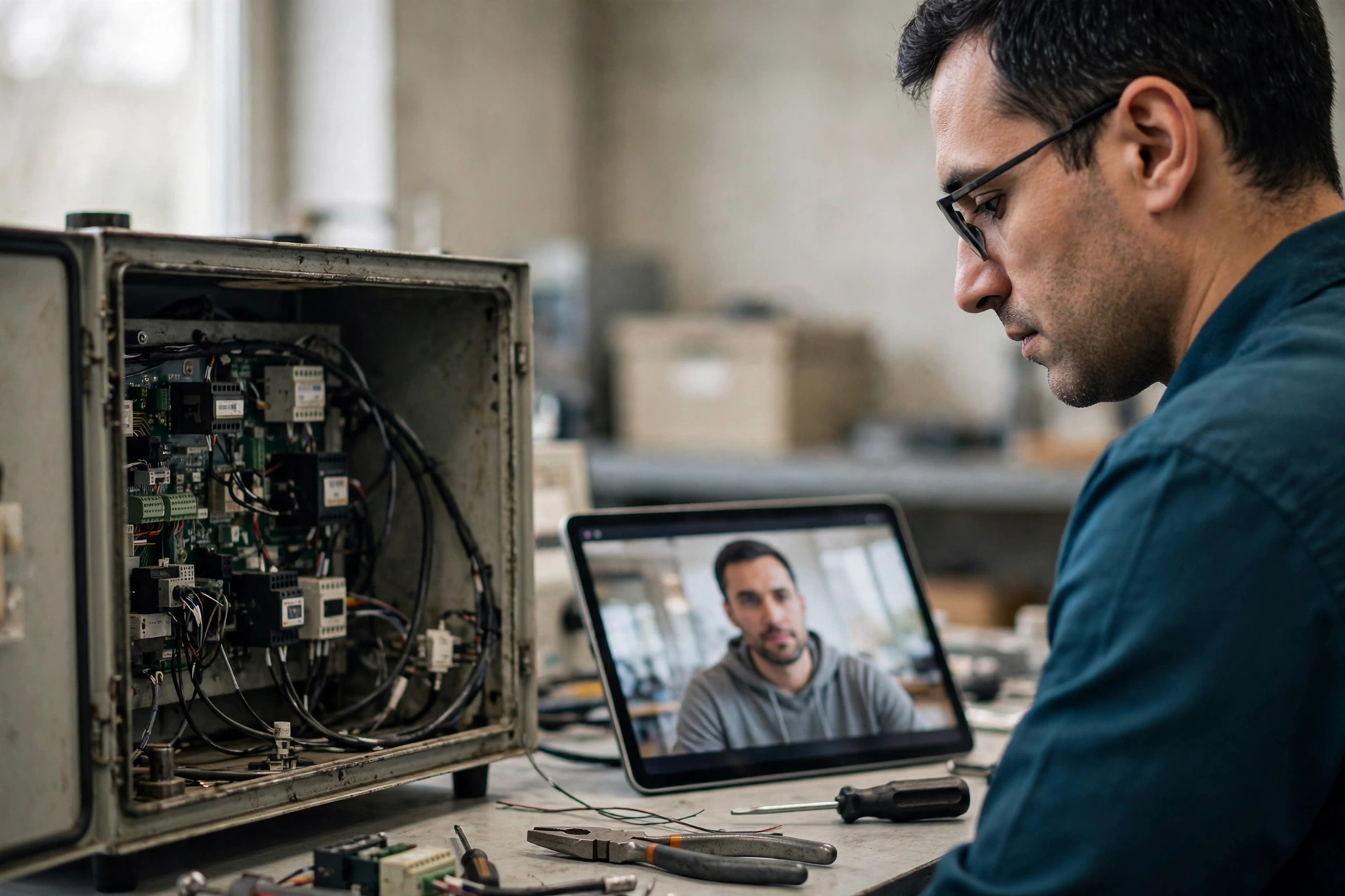 Técnico compara dados em um tablet com um equipamento industrial durante uma manutenção.