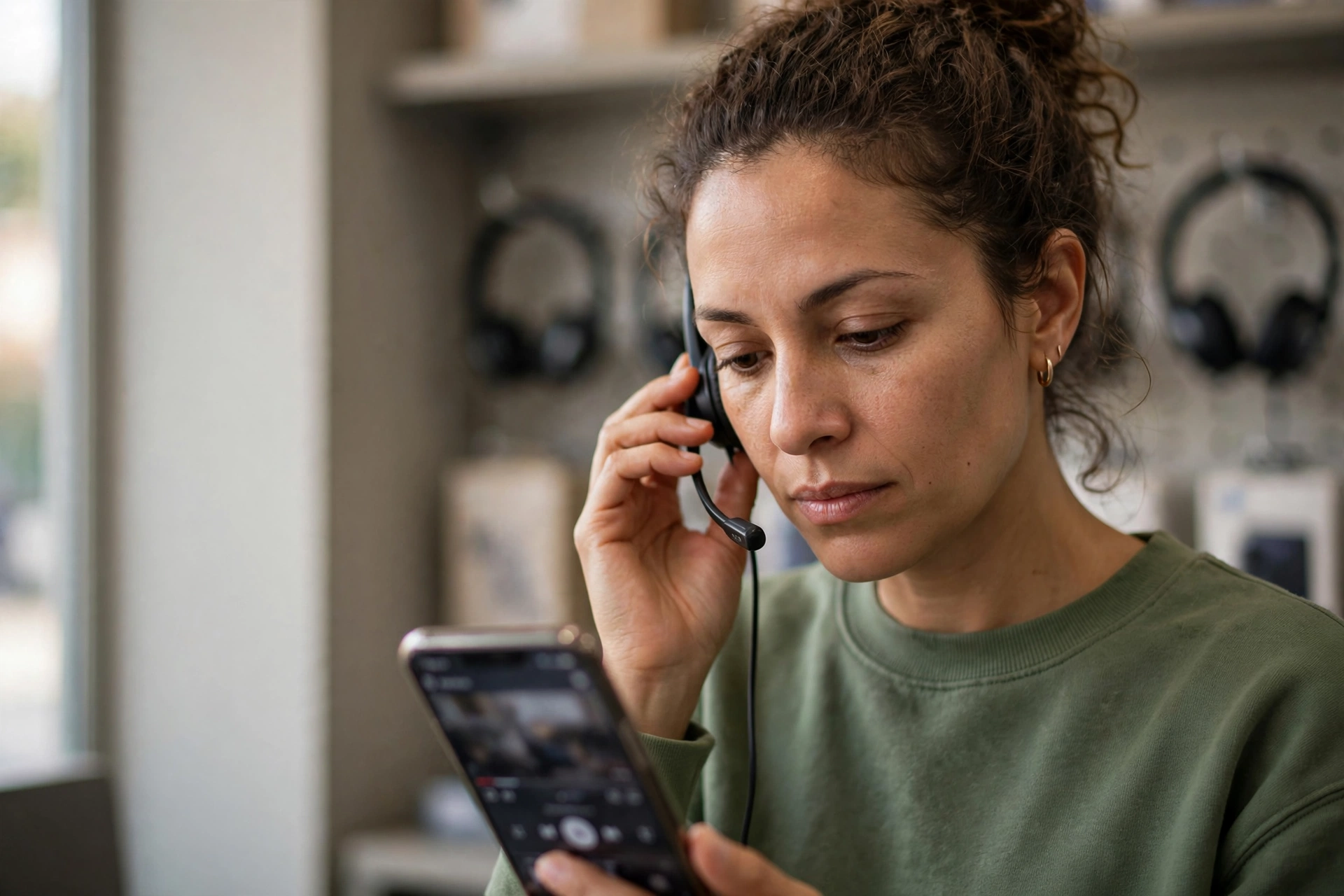 Profissional compra e testa um fone com microfone para estudar IA em uma loja de eletrônicos.