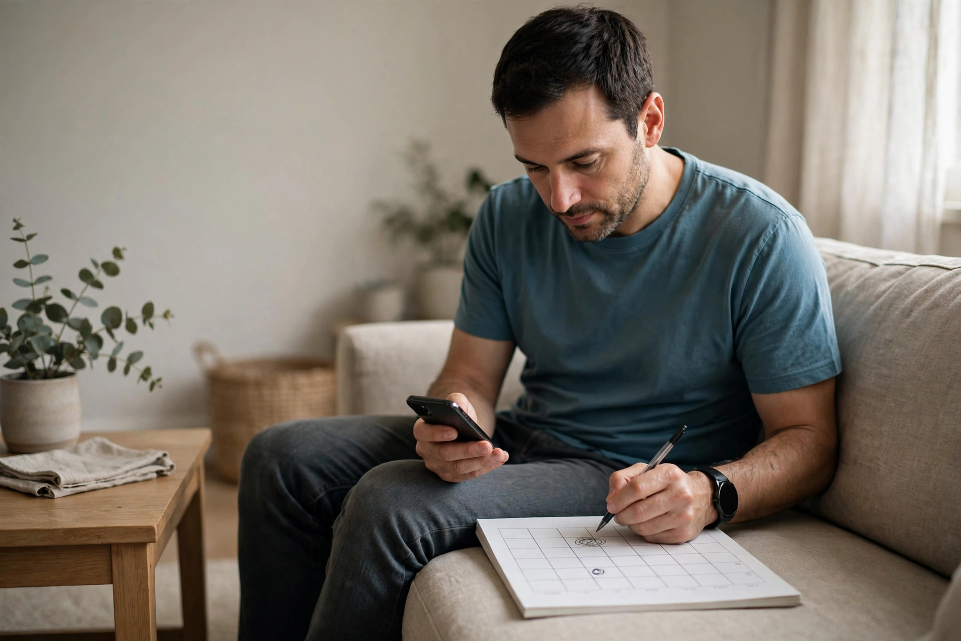 Homem registra no calendário a data de cobrança mensal de um benefício de saúde.