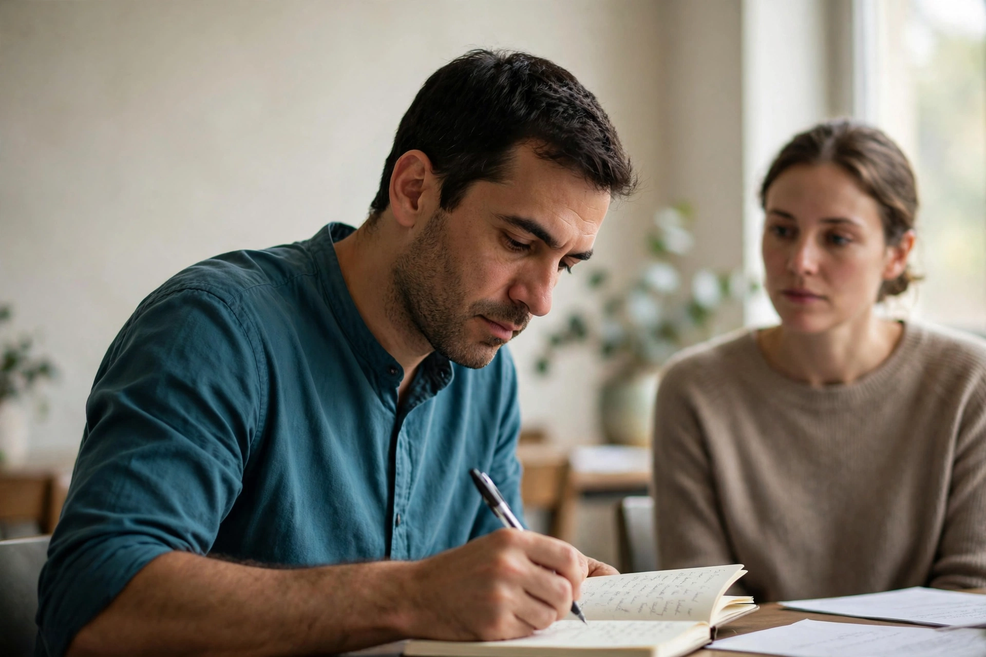 Adulto identifica lacunas de vocabulário durante uma conversa de prática em inglês.