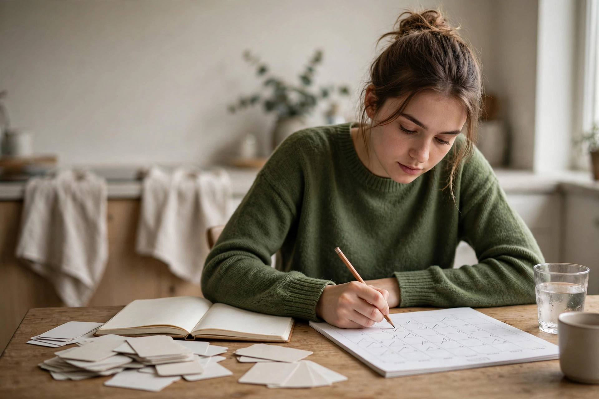 Estudante planeja marcos semanais para seu estudo de inglês em um calendário.