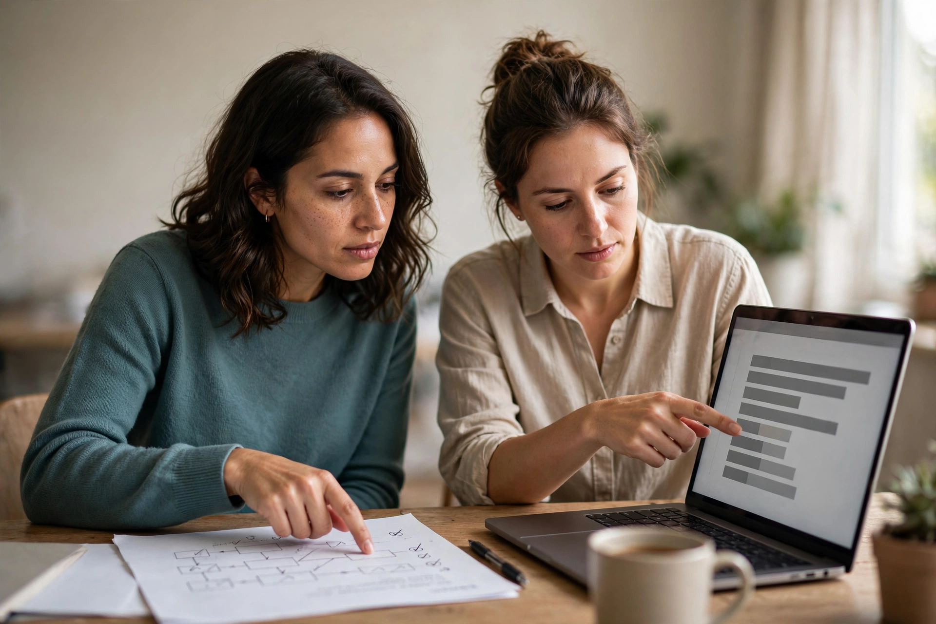 Duas pessoas revisam juntas um plano de estudos e o progresso de um projeto de IA.