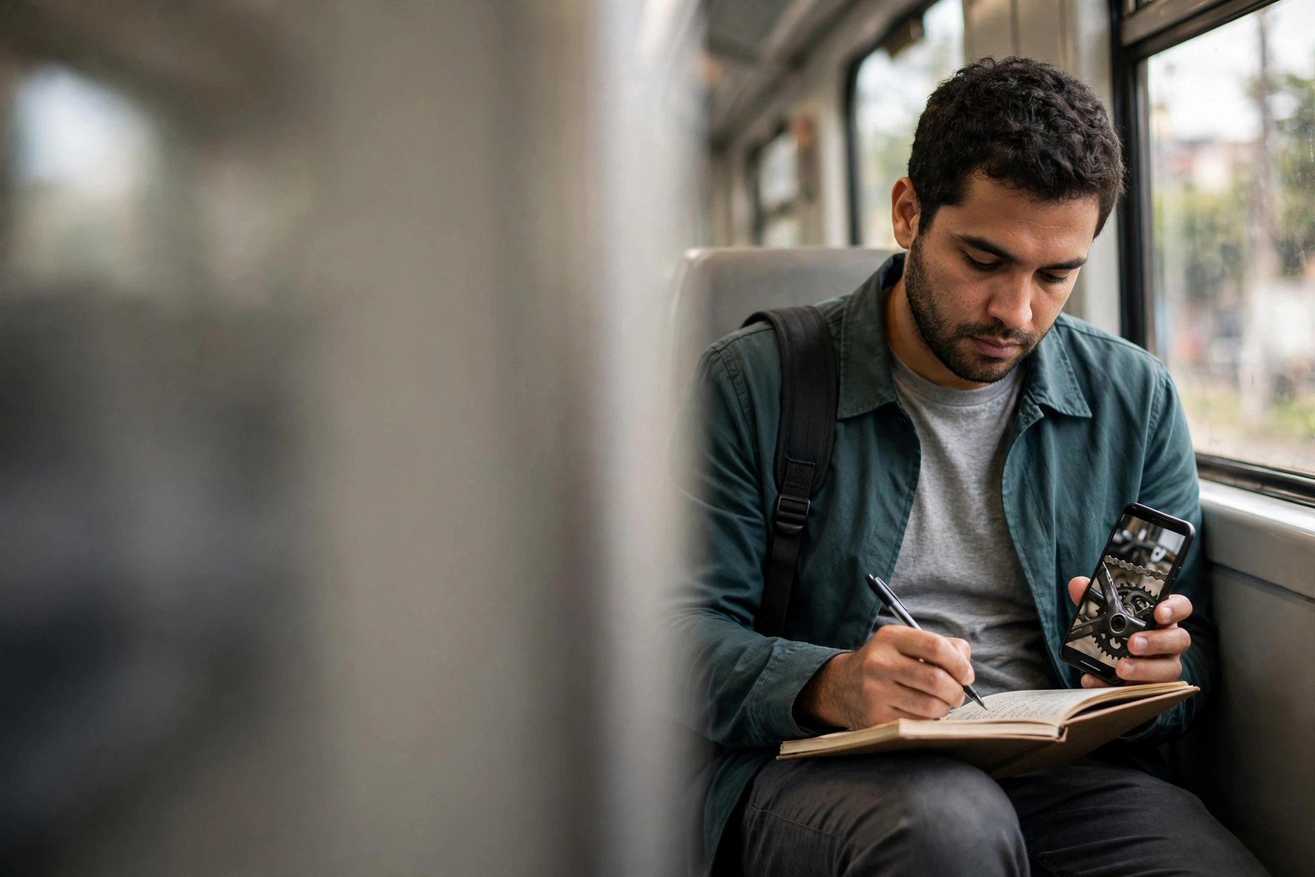 Passageiro assiste a um vídeo em inglês no trem e registra o que compreendeu em um caderno.