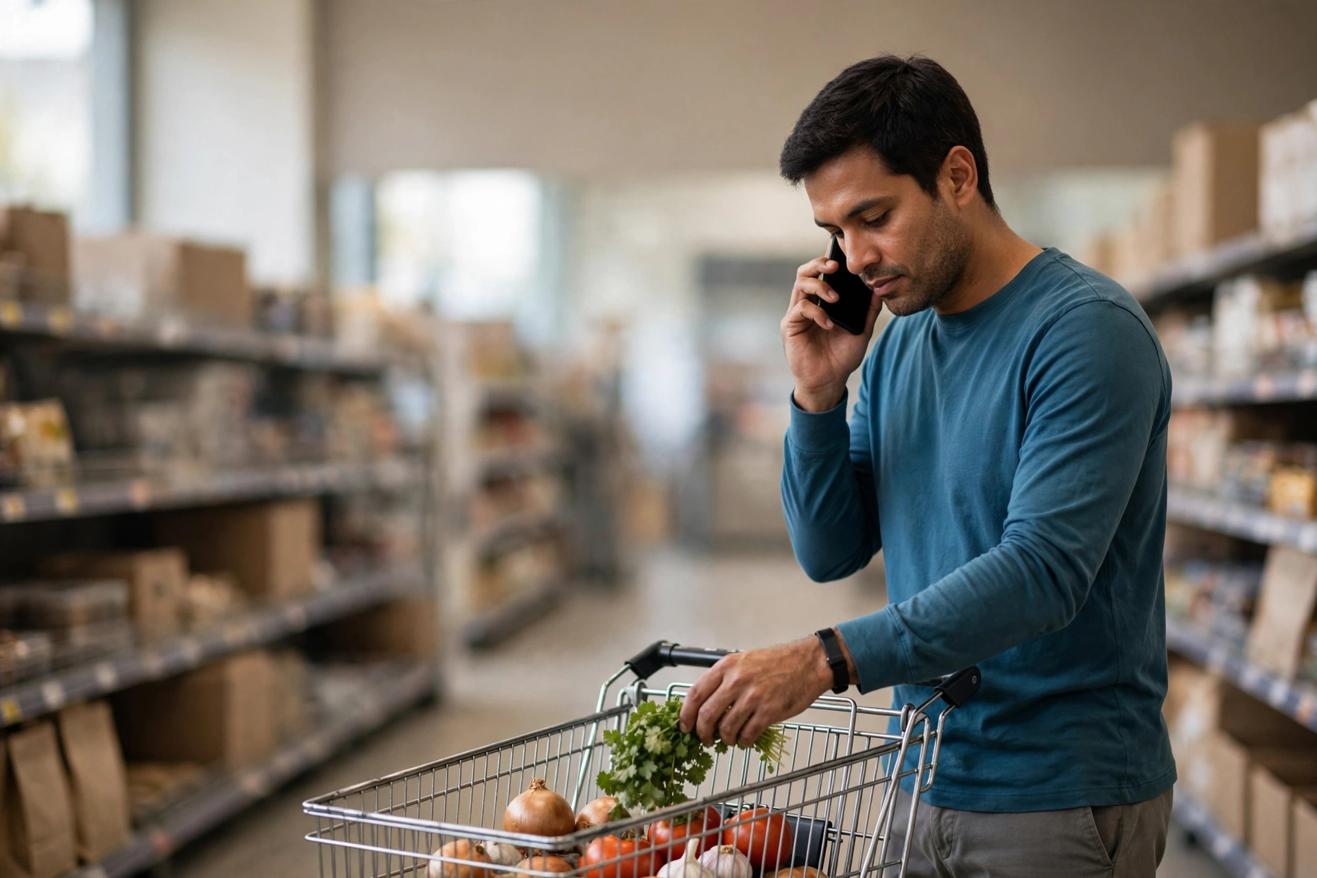 Homem no supermercado ouve inglês no celular enquanto faz compras para o jantar.