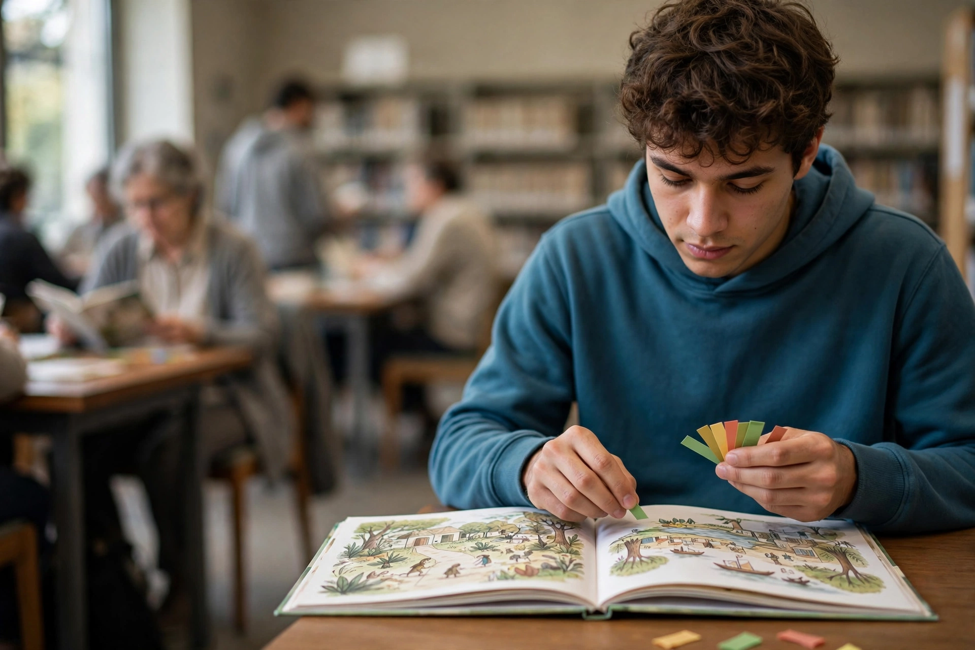 Jovem pratica leitura em inglês com um livro ilustrado e marcadores coloridos na biblioteca.