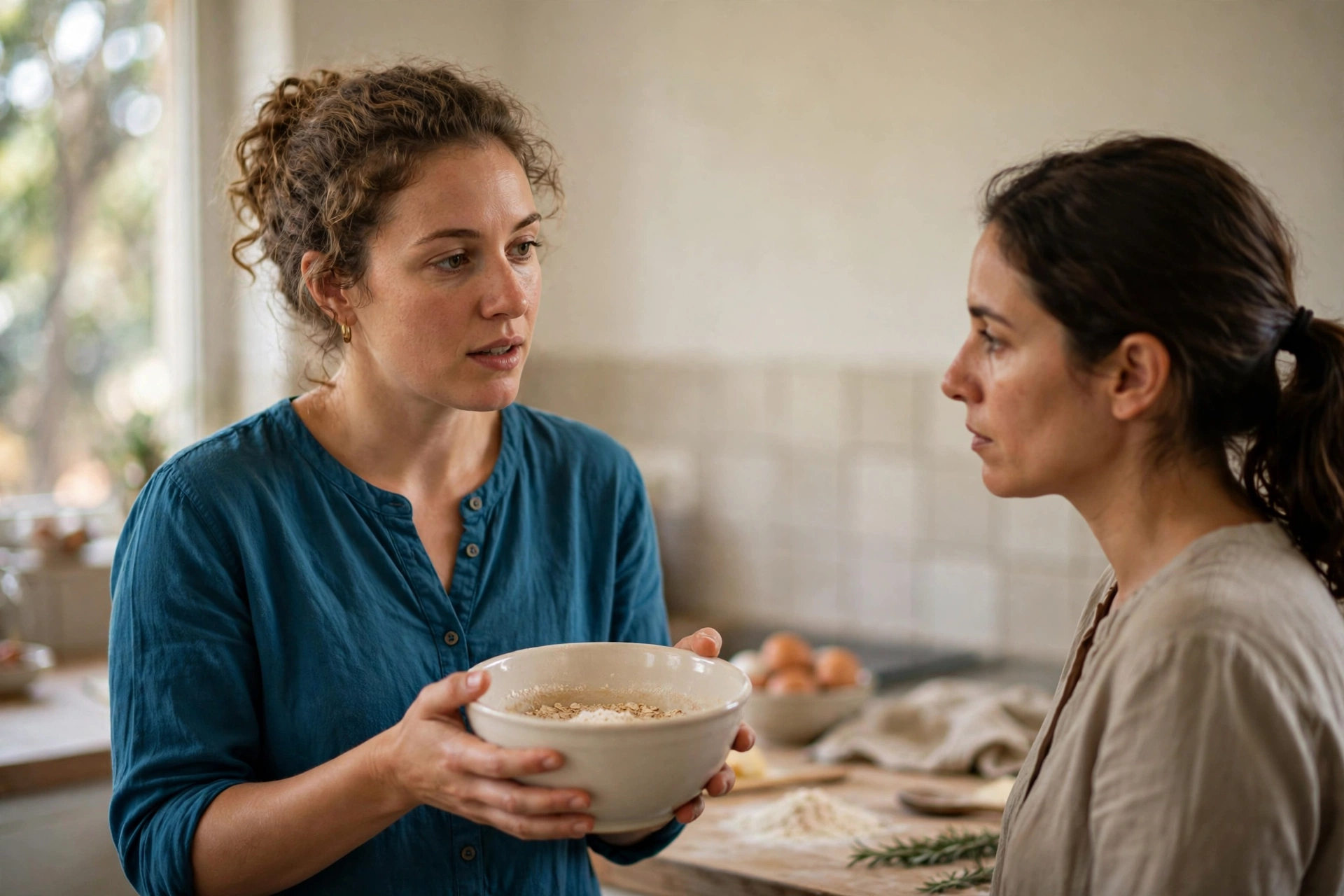 Duas alunas conversam em inglês enquanto preparam uma receita em uma aula de culinária.