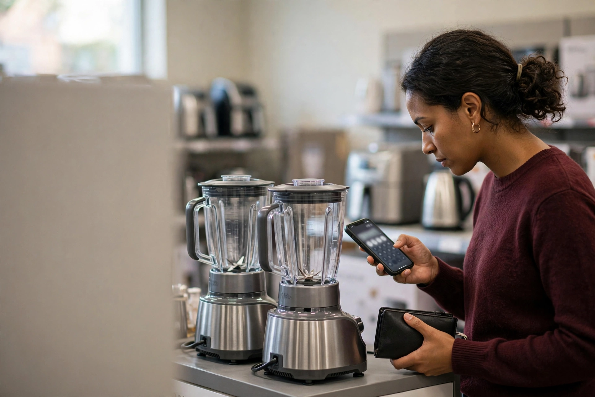 Cliente compara preços de liquidificadores em uma loja e calcula o custo final no celular.