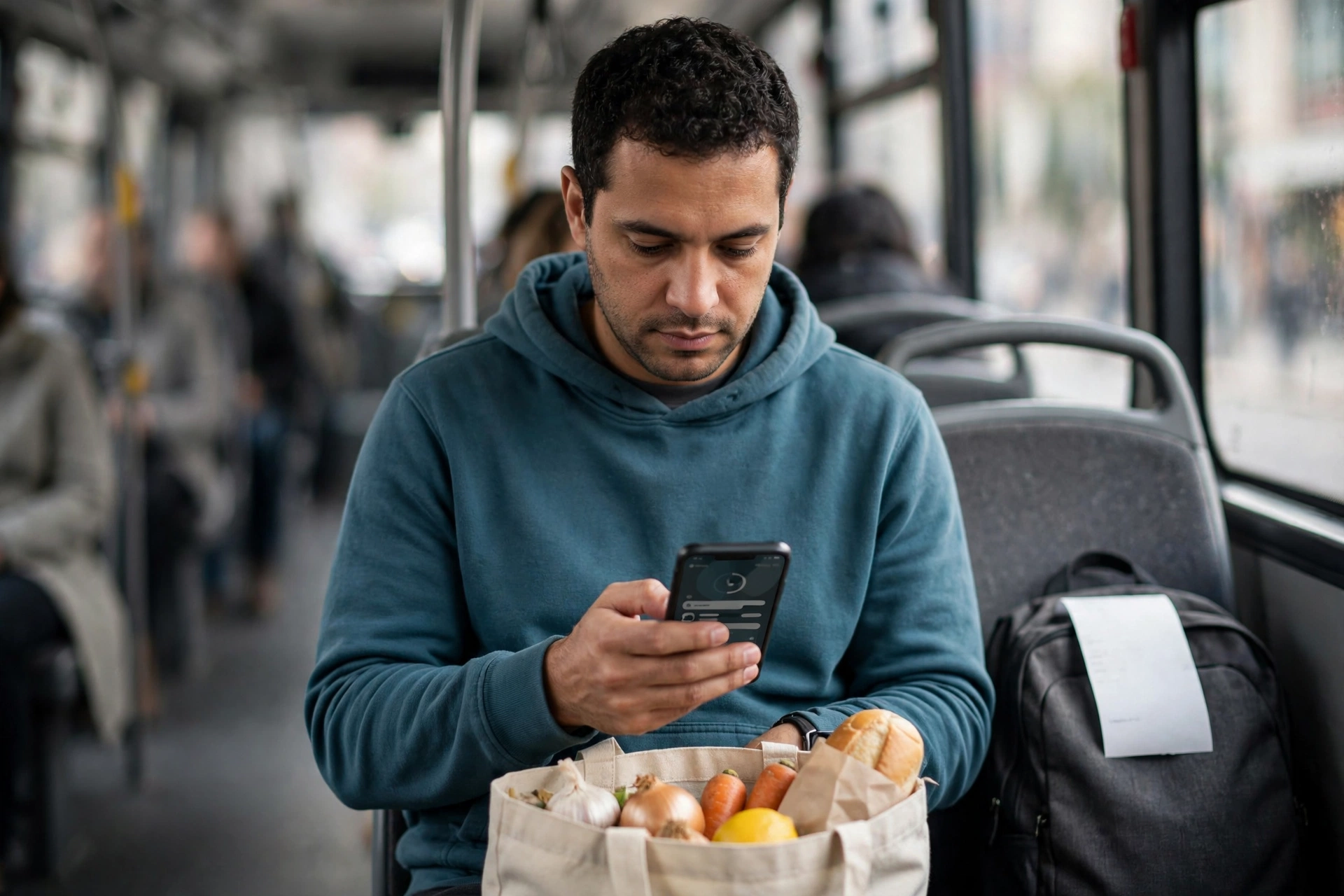 Passageiro registra no celular a economia obtida em uma compra de supermercado durante o trajeto de ônibus.