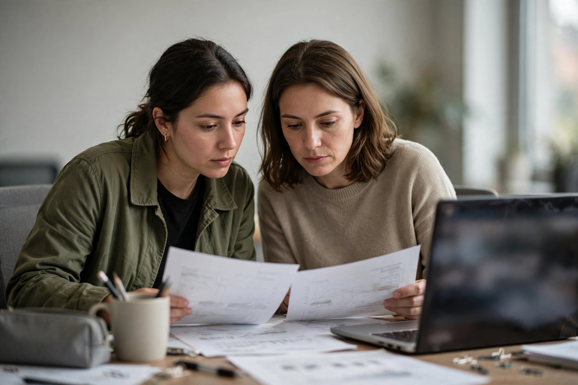 Duas pessoas comparam resultados e datas de simulados em um computador e documentos impressos.