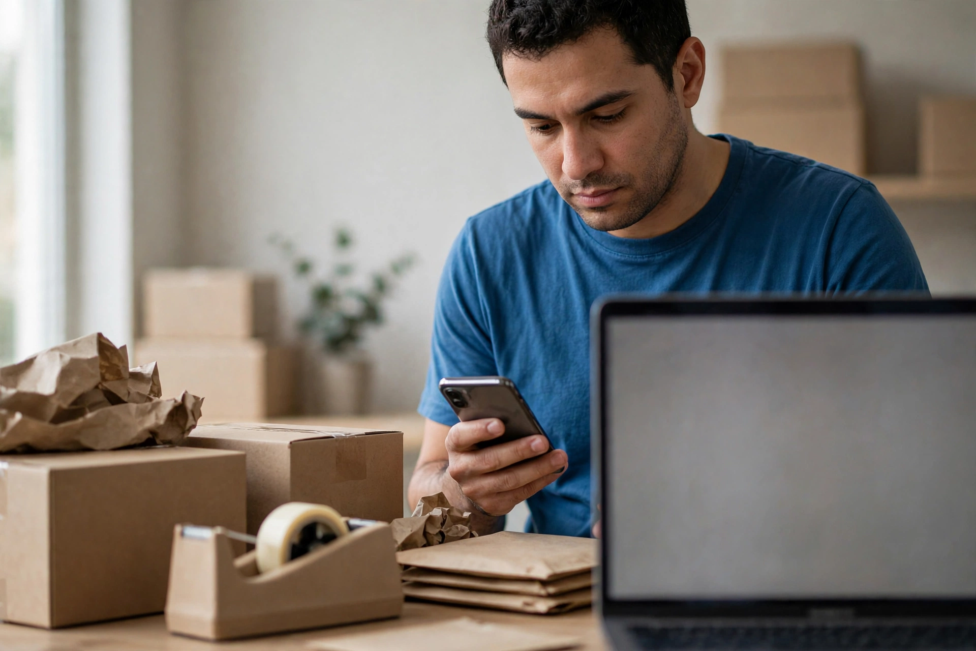Dono de loja online embala encomendas enquanto acompanha uma automação de pedidos no celular.
