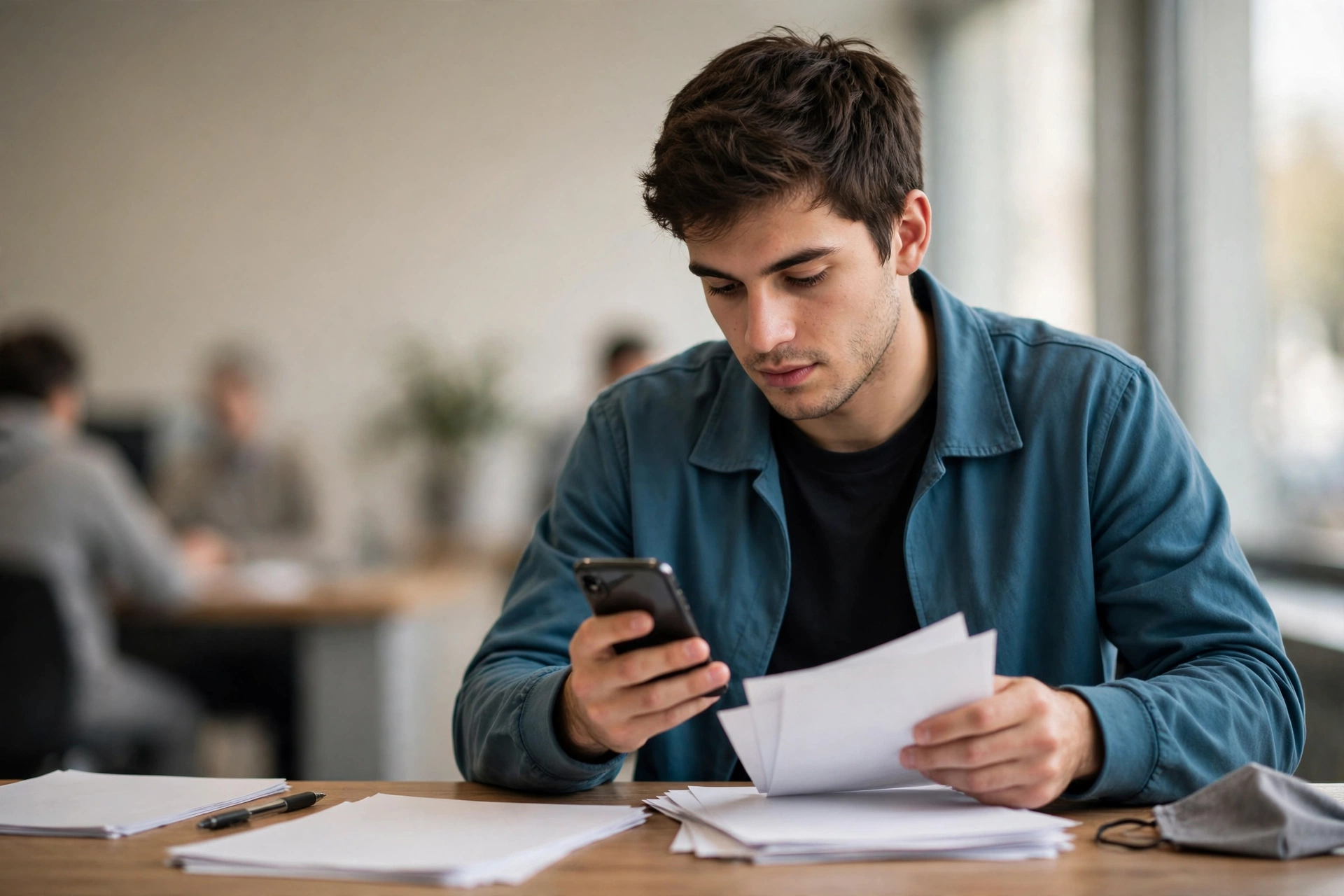 Jovem verifica extratos bancários impressos e movimentações da conta no celular durante atendimento no banco.
