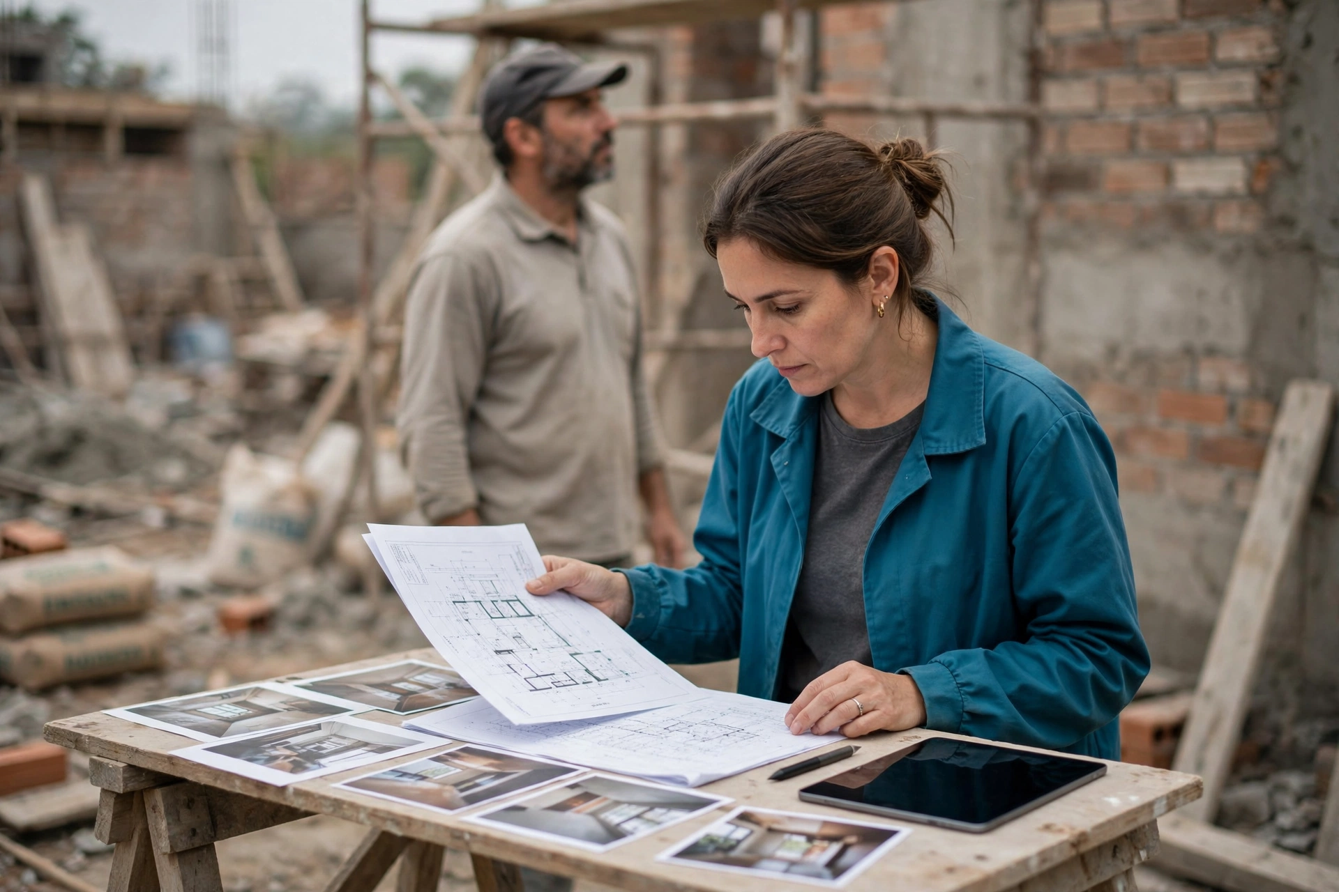 Arquiteta compara planta, imagens da obra e informações no tablet em um canteiro de obras.