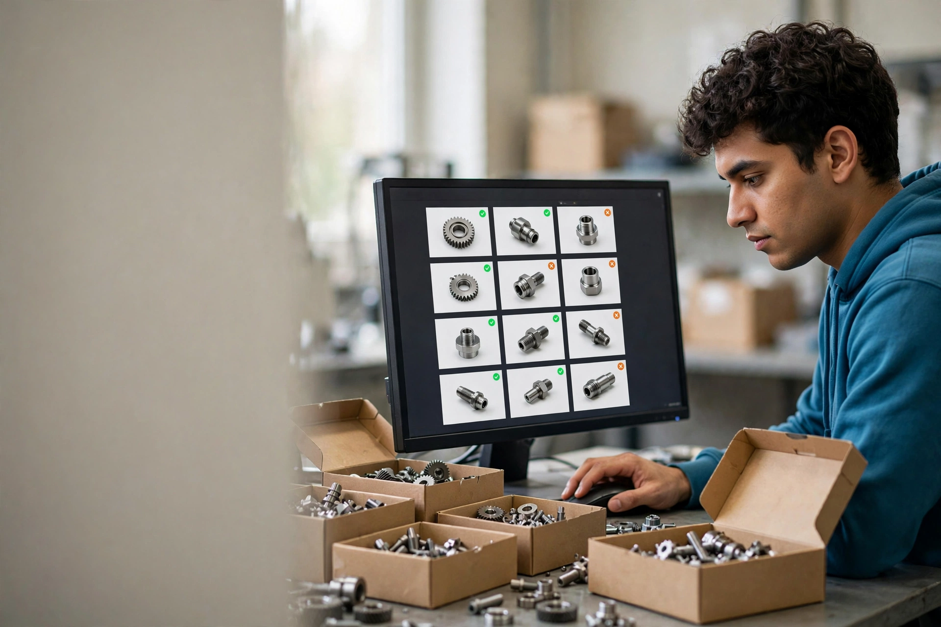 Programador corrige classificações de imagens de peças industriais usadas para treinar um modelo de IA.