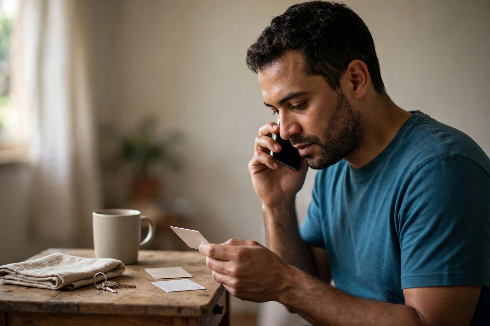 Homem ao telefone reúne documento e cartão de benefícios para agendar uma consulta.