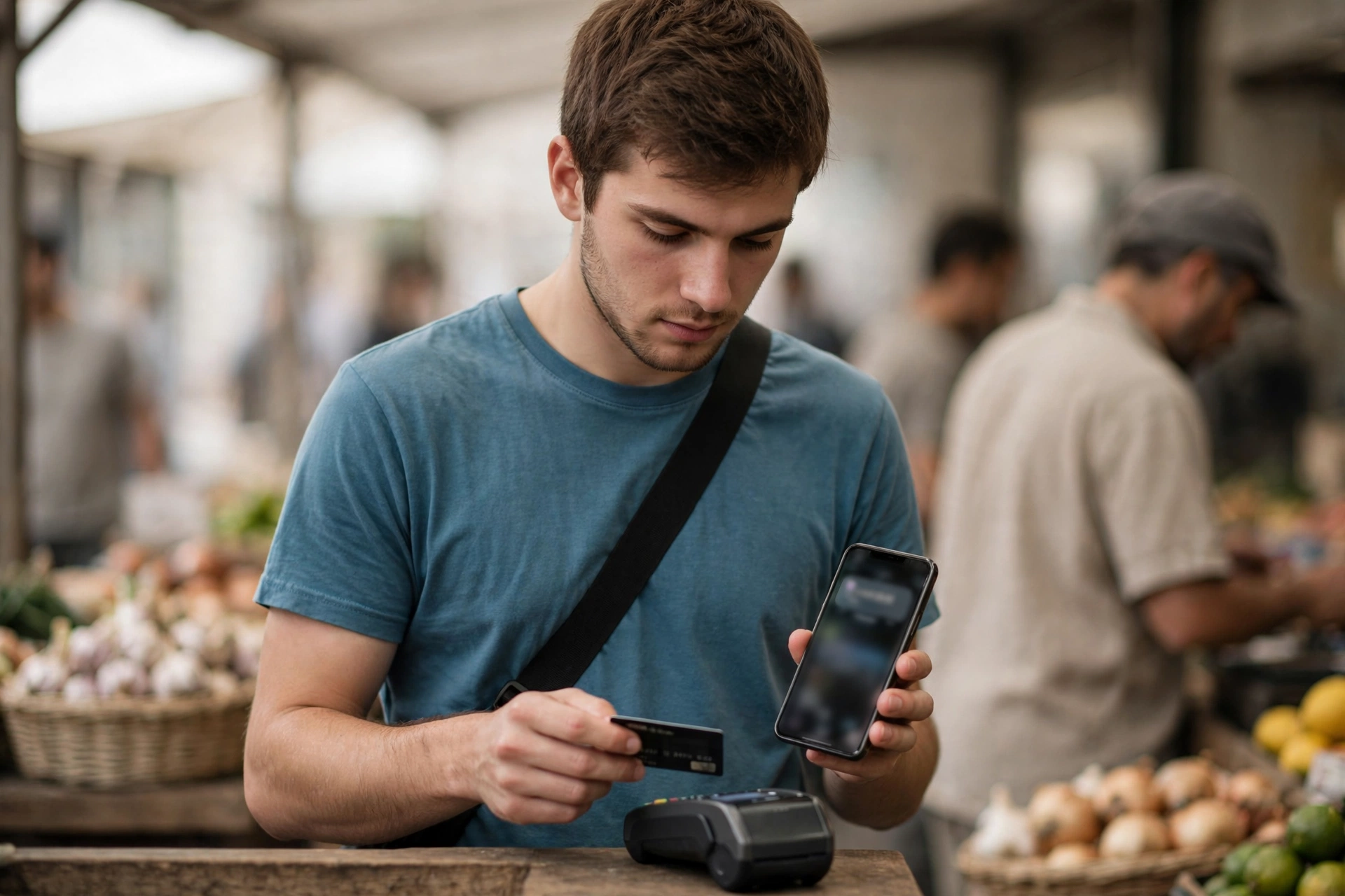 Estudante confere no celular o valor em moeda estrangeira após pagar uma compra em um mercado.