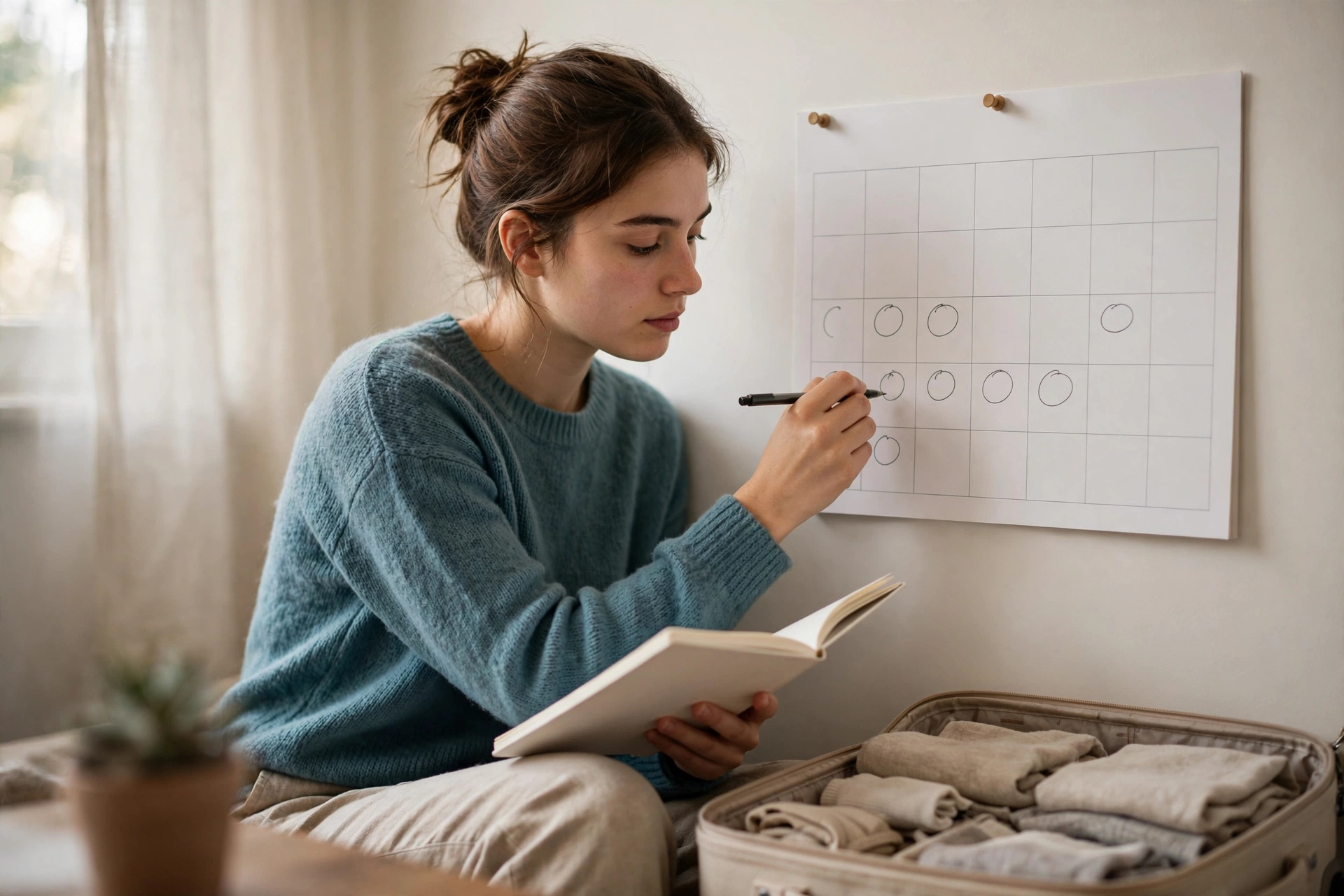 Jovem define as datas e a duração de sua viagem de estudos usando um calendário.