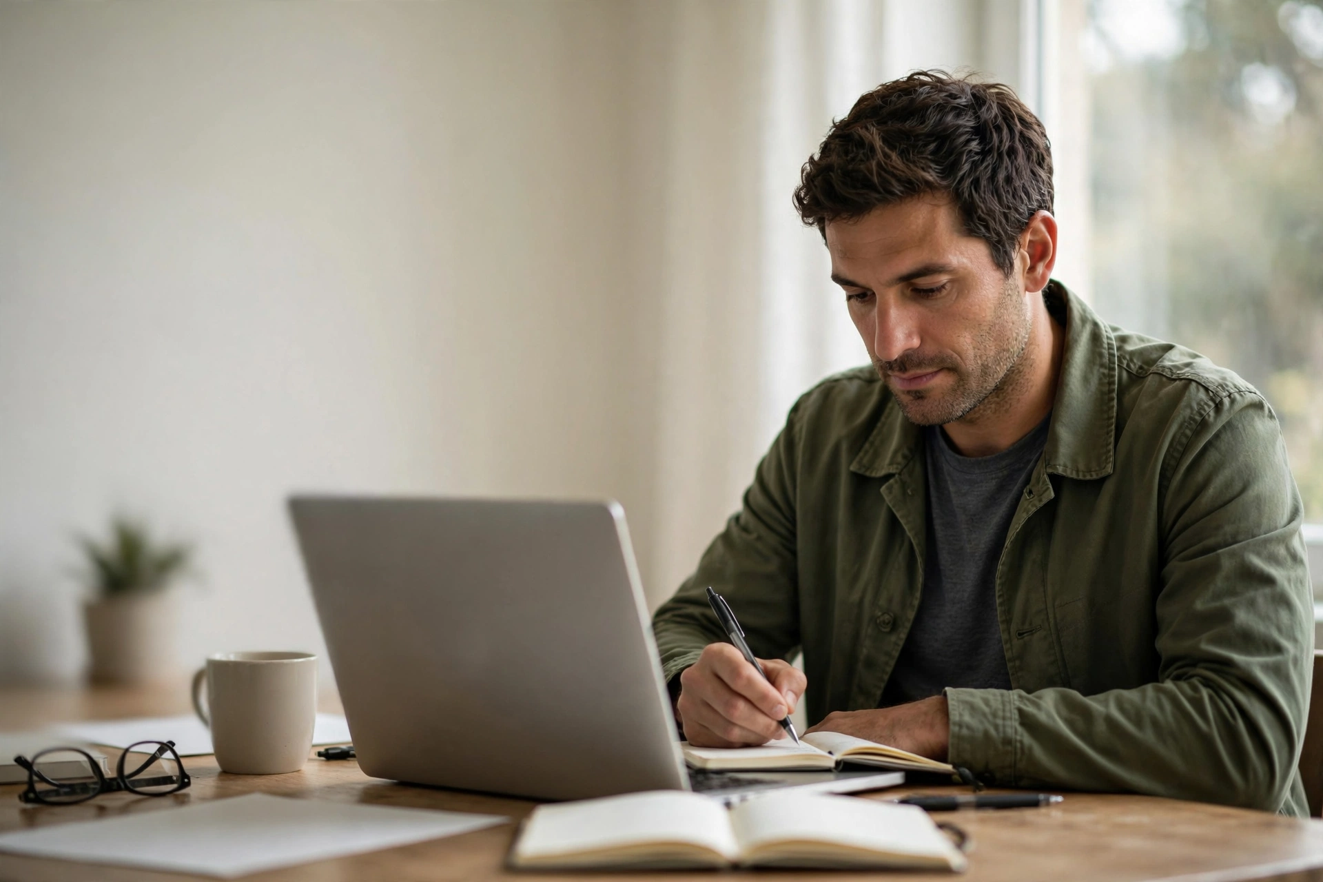 Profissional revisa o resumo do currículo no computador e anota pontos do perfil.