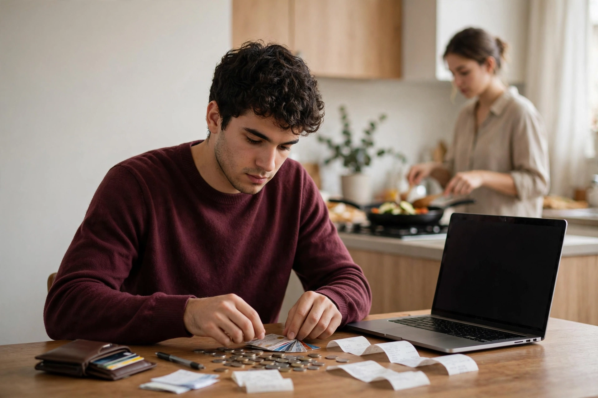 Estudante organiza gastos do intercâmbio em um apartamento compartilhado enquanto outra moradora cozinha.