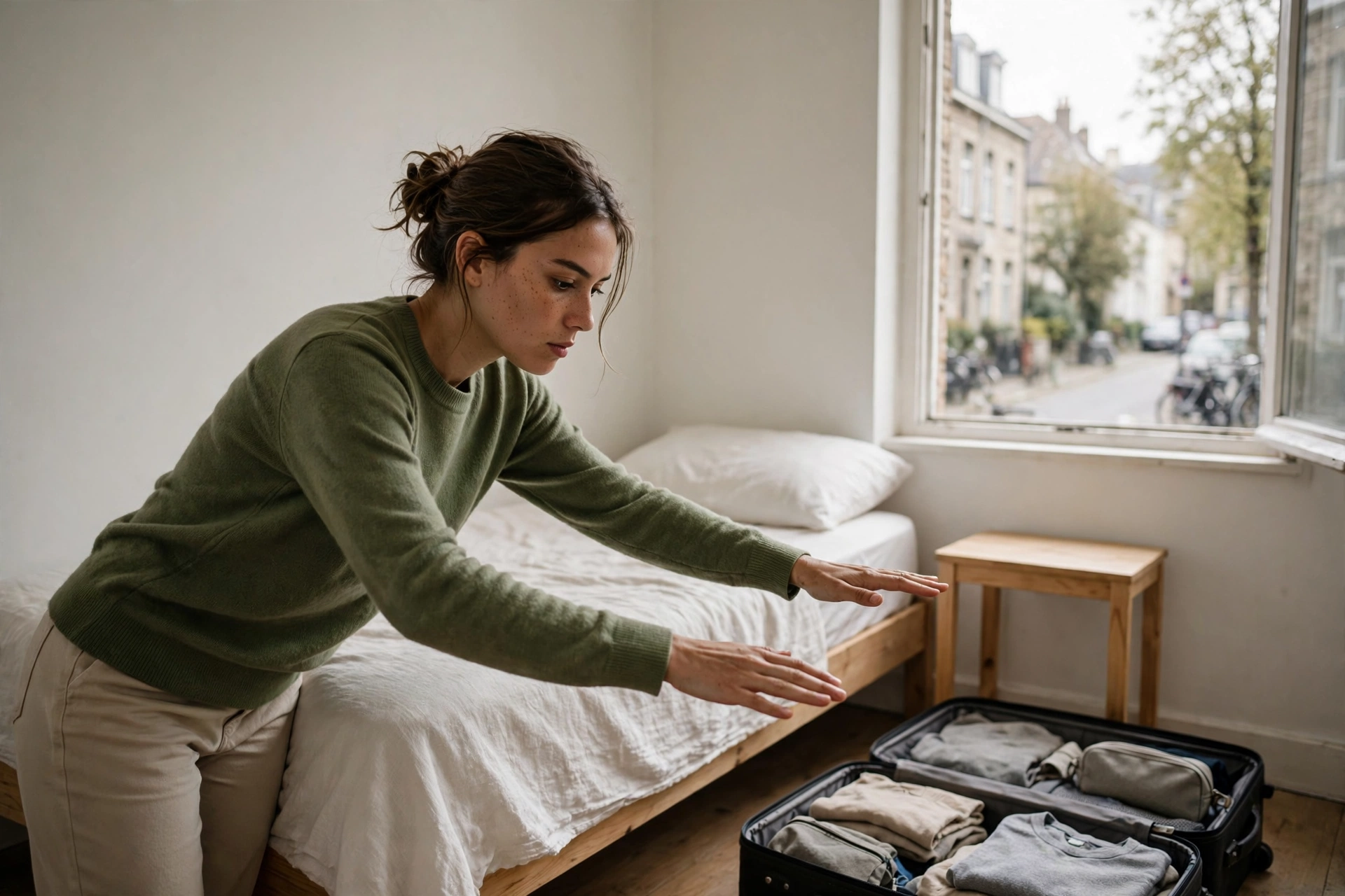 Jovem avalia um quarto para alugar durante o planejamento de uma estadia de estudos no exterior.
