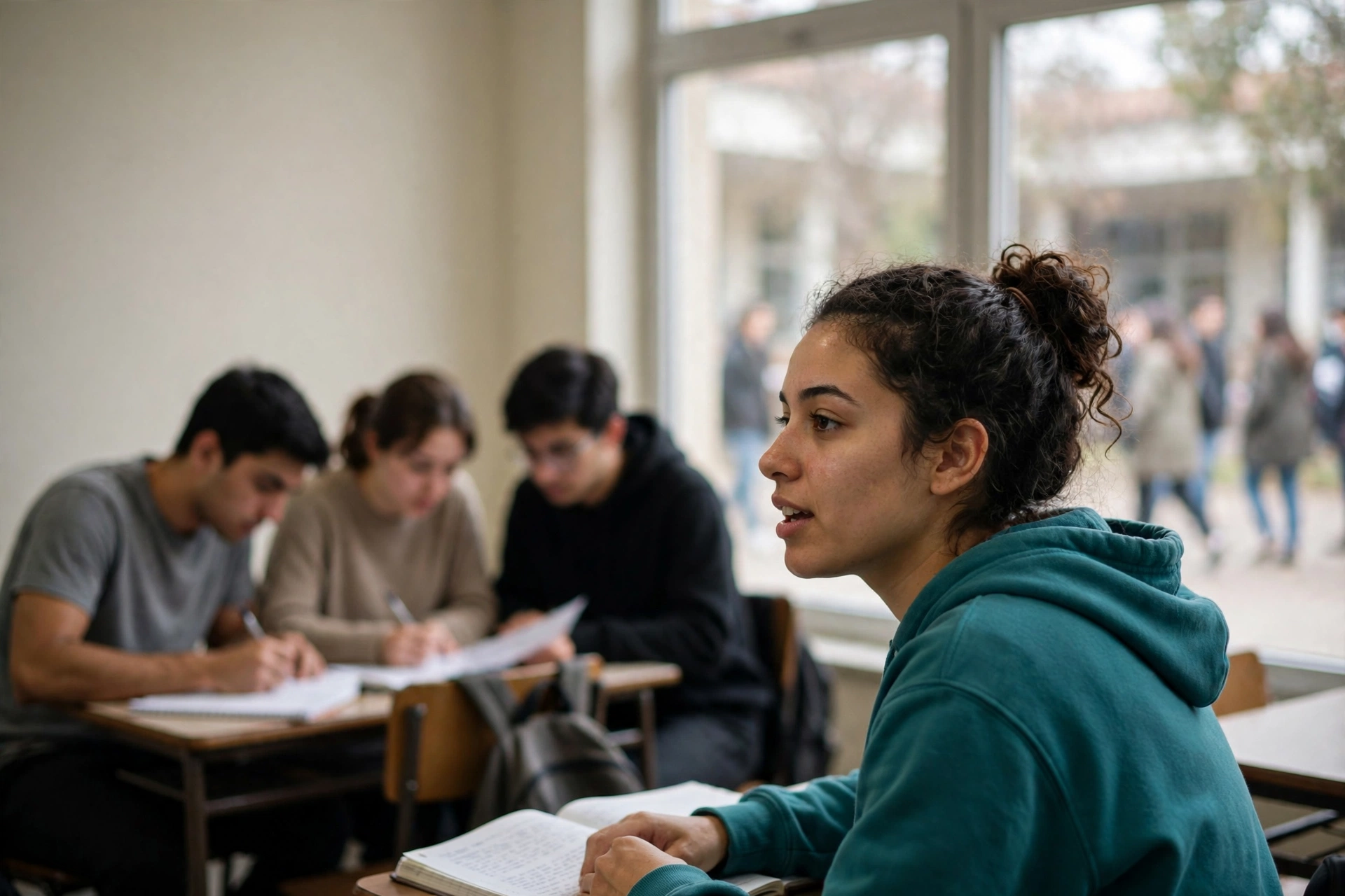Estudantes praticam inglês em dupla durante uma aula no exterior.