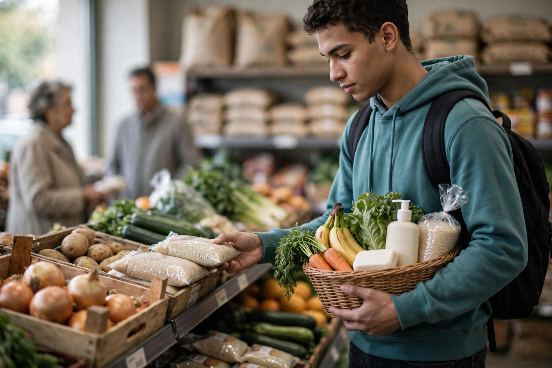 Estudante faz compras de itens básicos em um supermercado local.