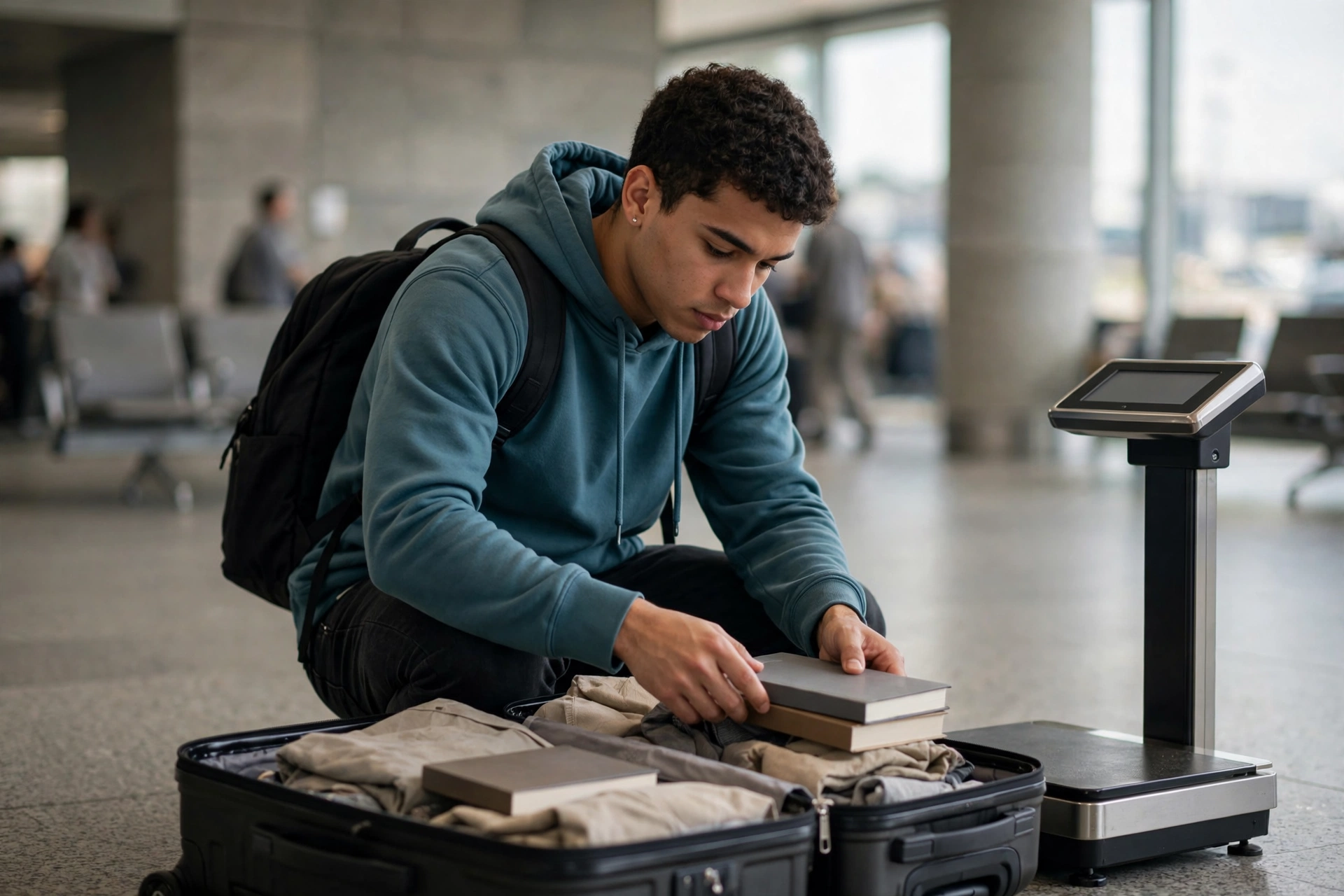 Estudante ajusta o conteúdo da mala ao lado da balança de bagagem no aeroporto.