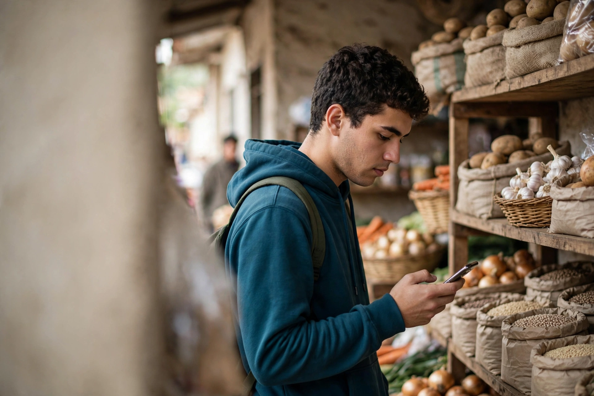 Estudante compara preços de alimentos no mercado enquanto confere o saldo no celular.