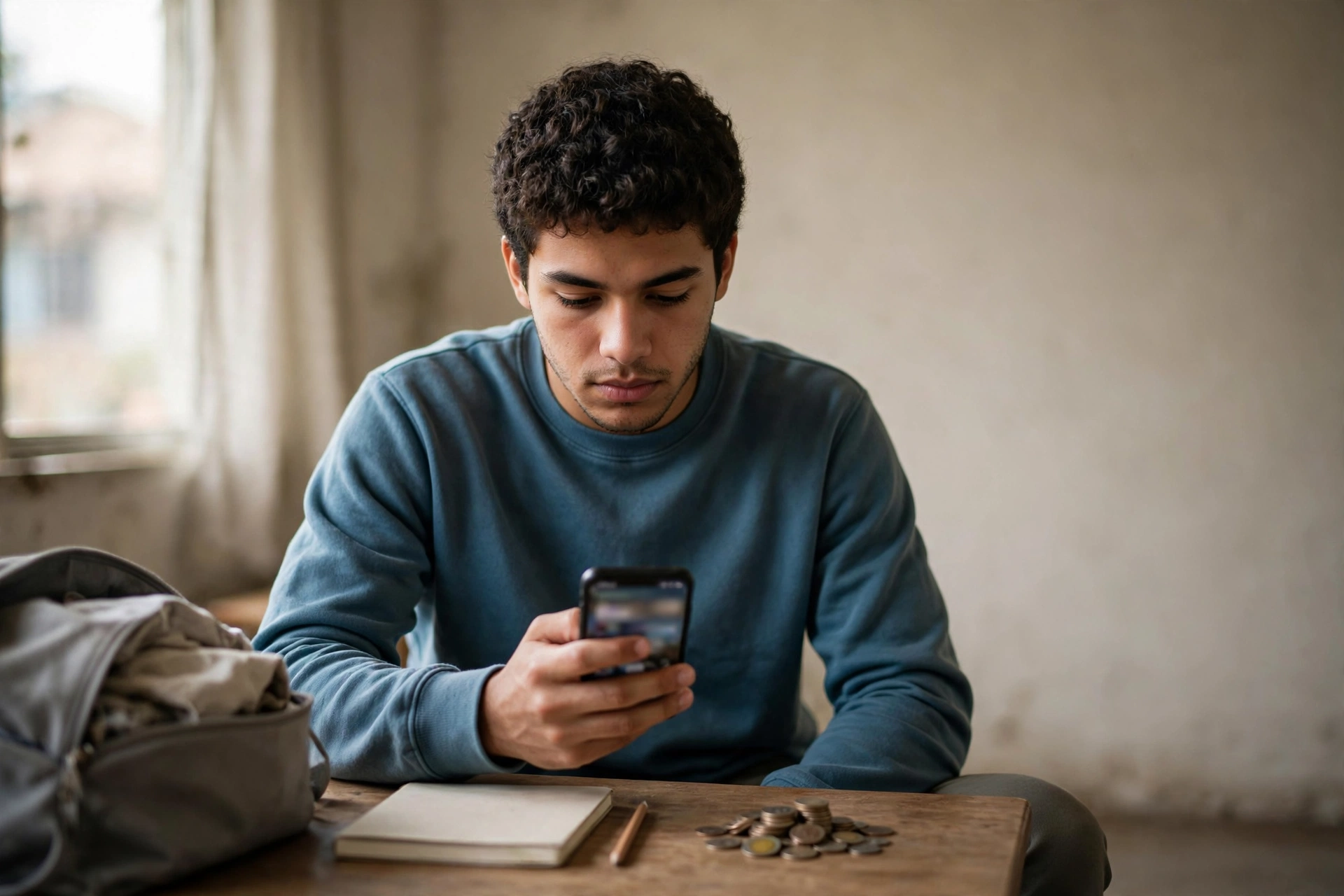 Estudante recém-chegado busca emprego pelo celular enquanto controla a reserva financeira.