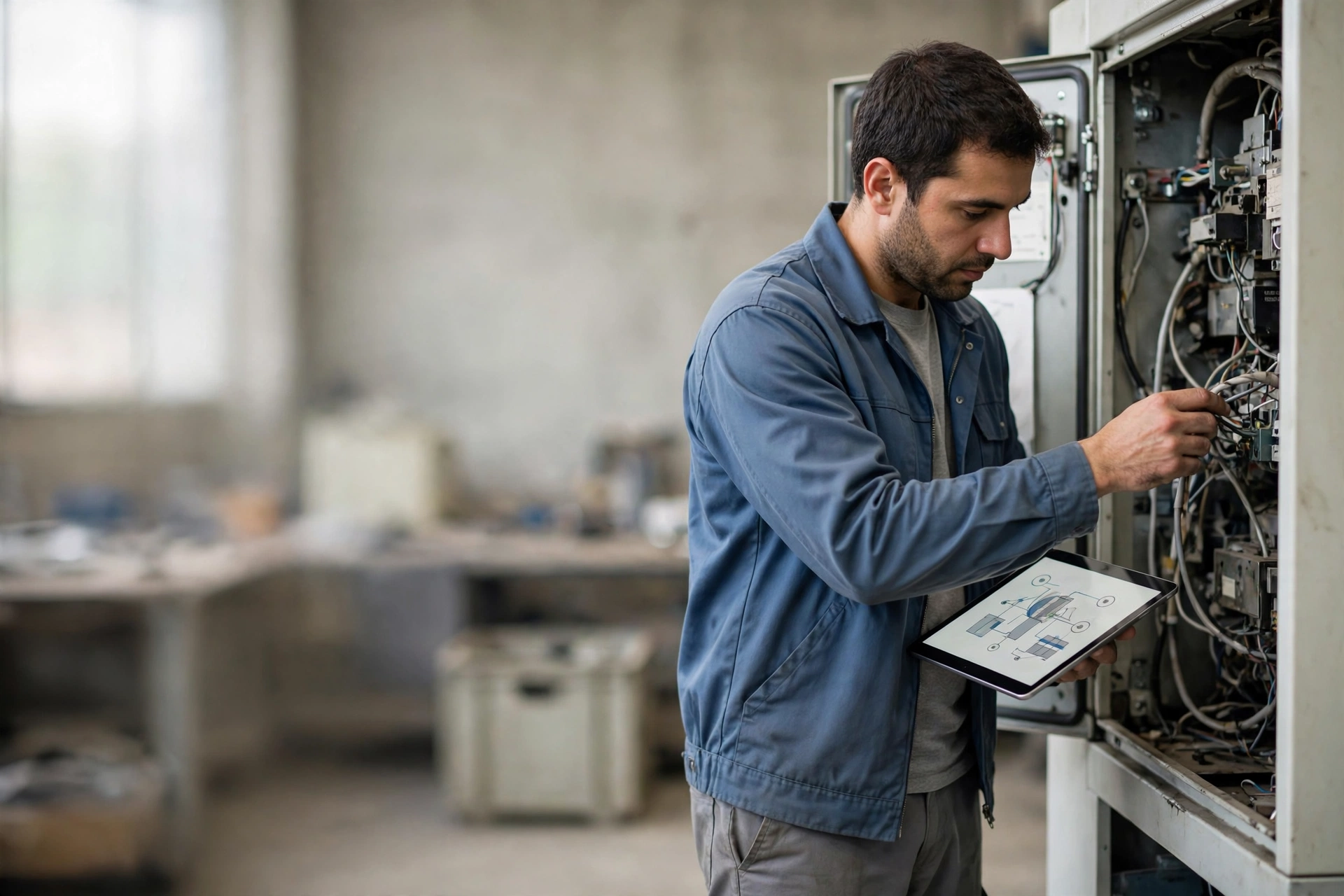 Técnico confere uma sugestão digital enquanto examina uma máquina industrial.