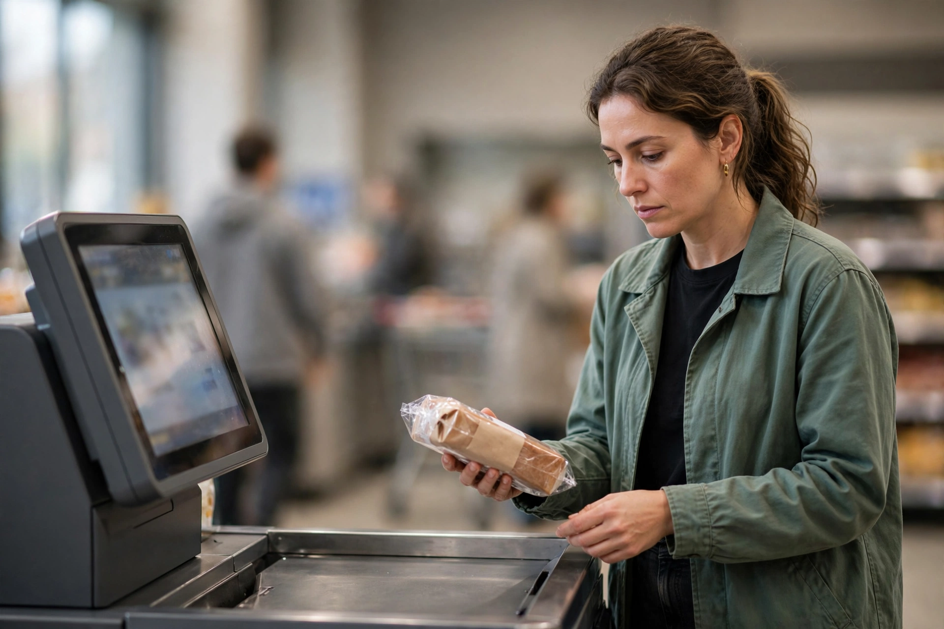 Cliente revisa os produtos registrados em um caixa de autoatendimento.