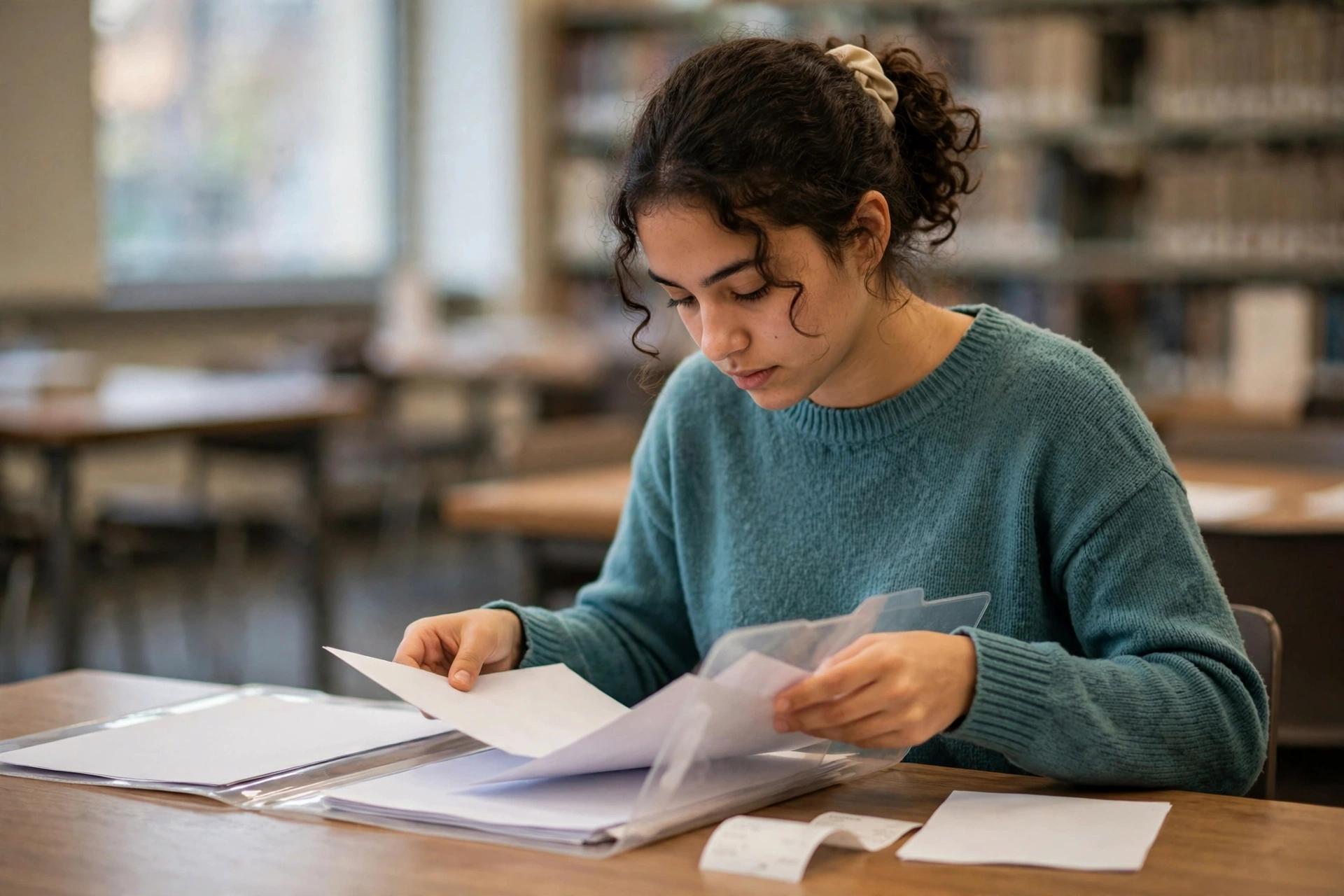 Estudante organiza contrato e comprovantes de caução em uma mesa de biblioteca.