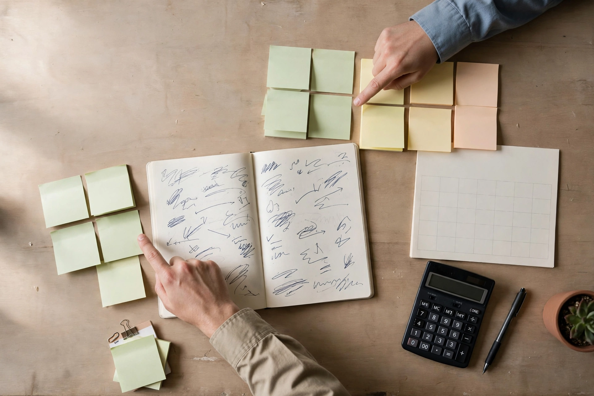 Duas pessoas analisam anotações e cartões organizados sobre uma mesa para entender um problema antes de iniciar um projeto.