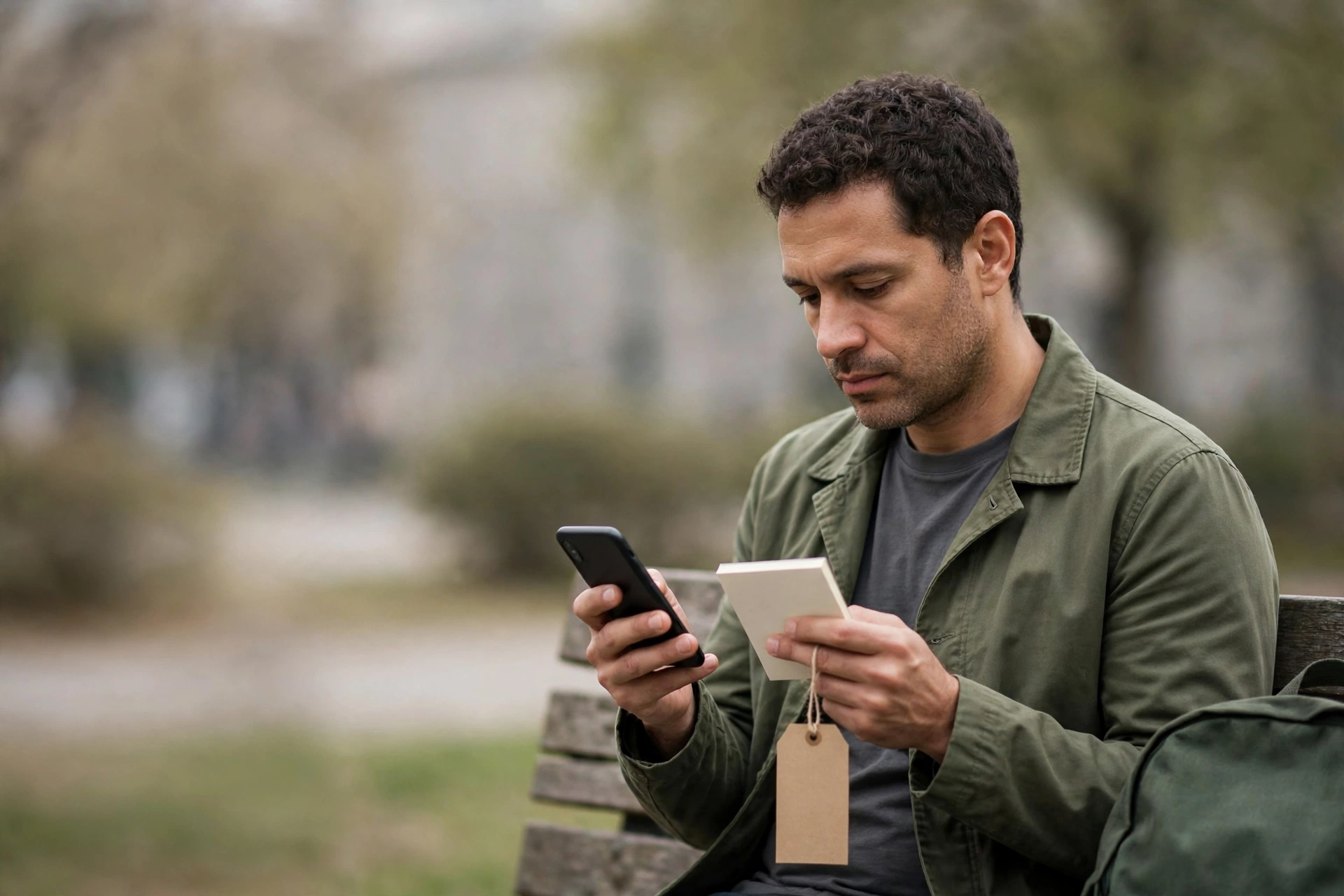 Homem calcula o desconto de uma mochila usando o celular e uma etiqueta de preço.
