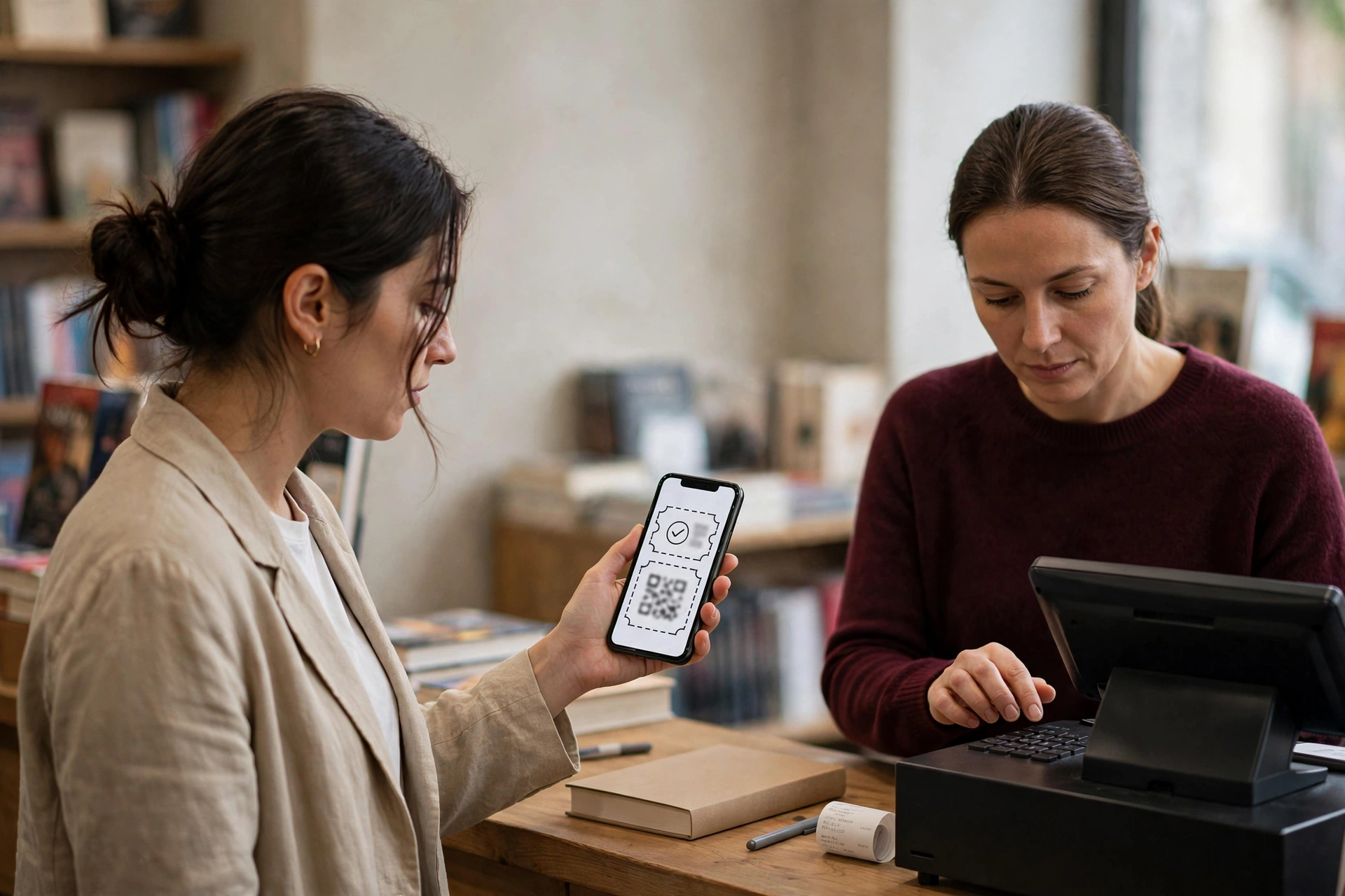 Cliente apresenta um cupom no celular ao comprar um livro em uma livraria.