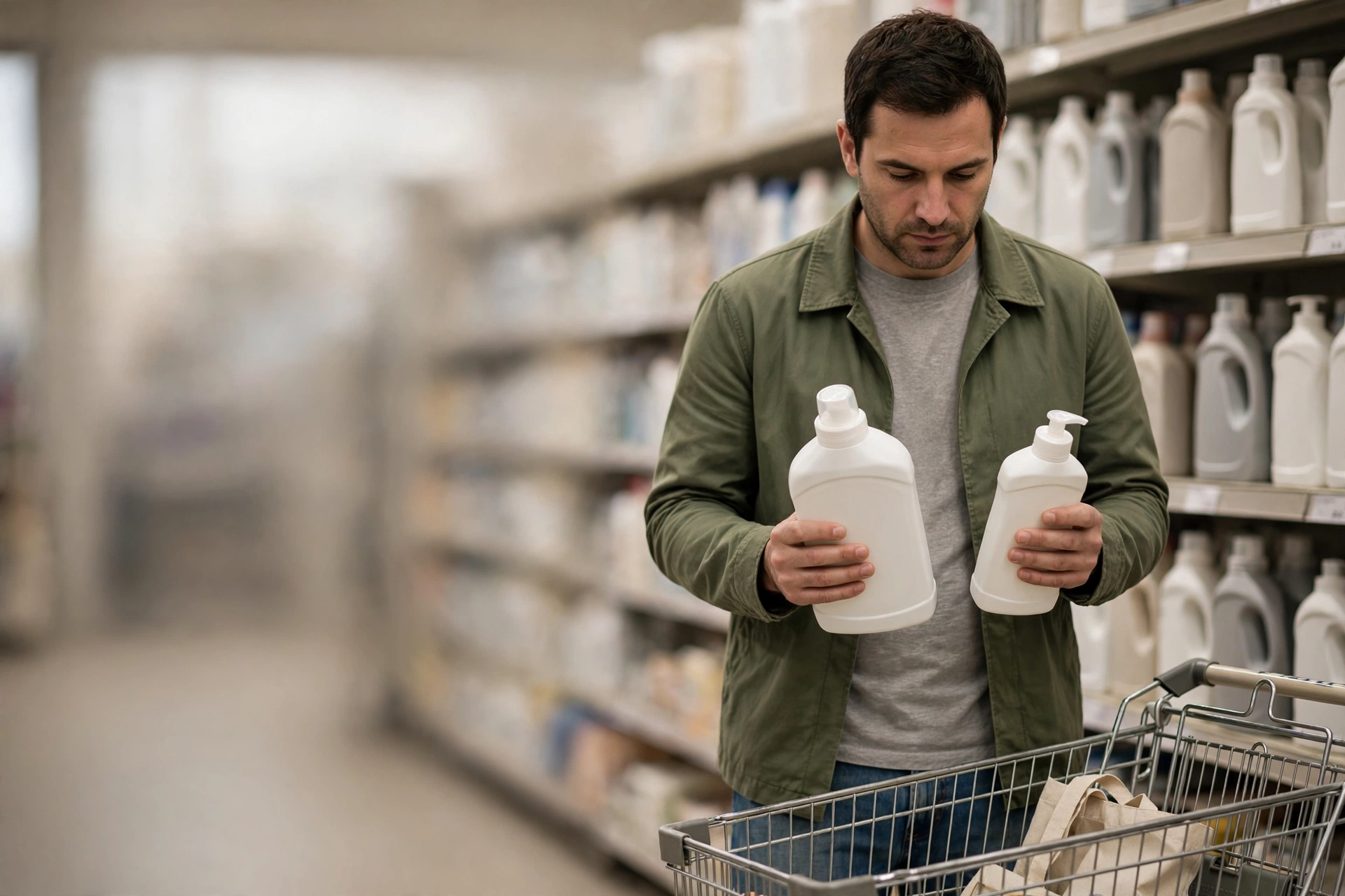 Homem compara embalagens de detergente em um supermercado para avaliar a economia.