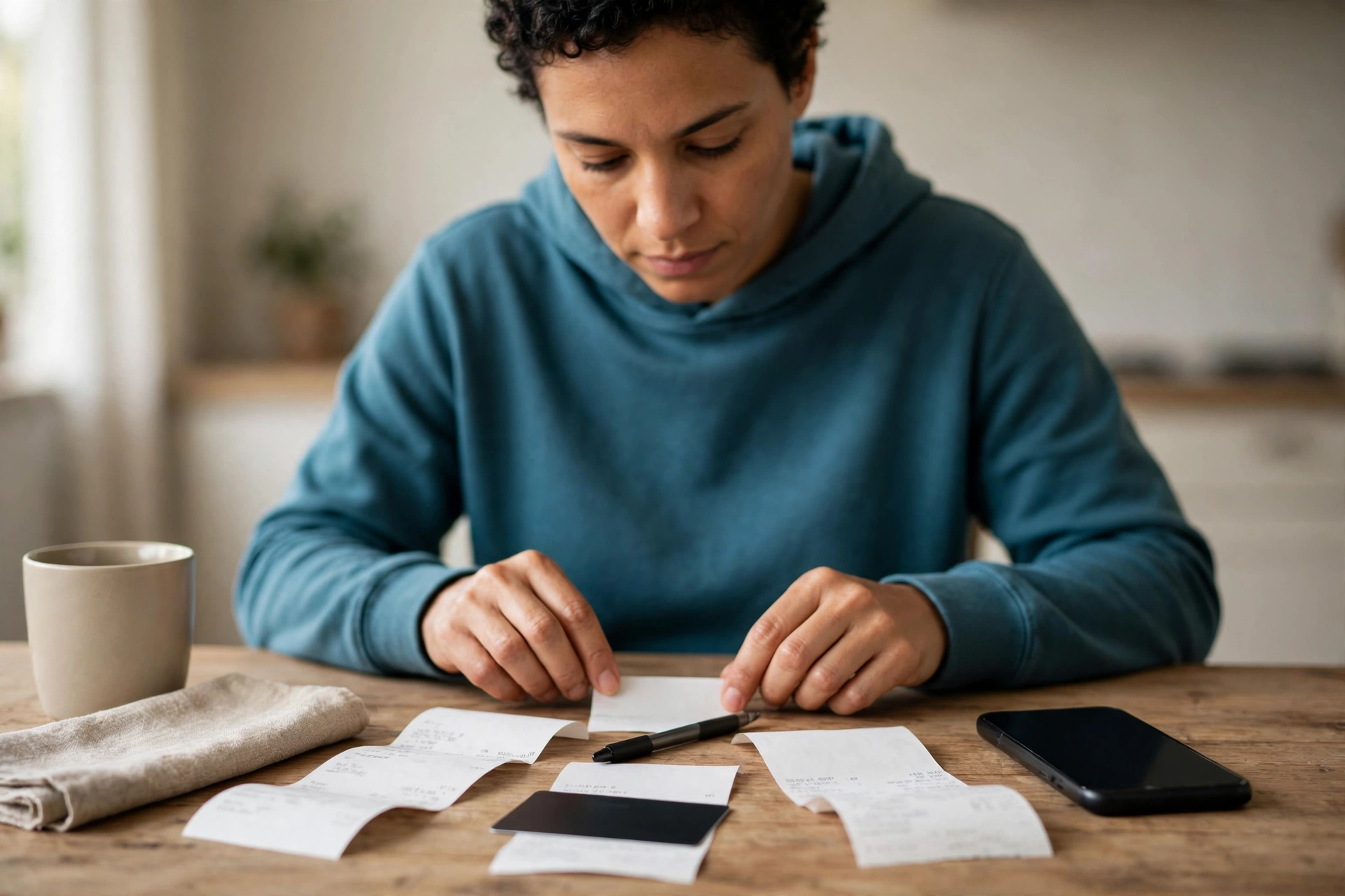 Pessoa calcula em casa a economia líquida obtida com descontos nas compras.