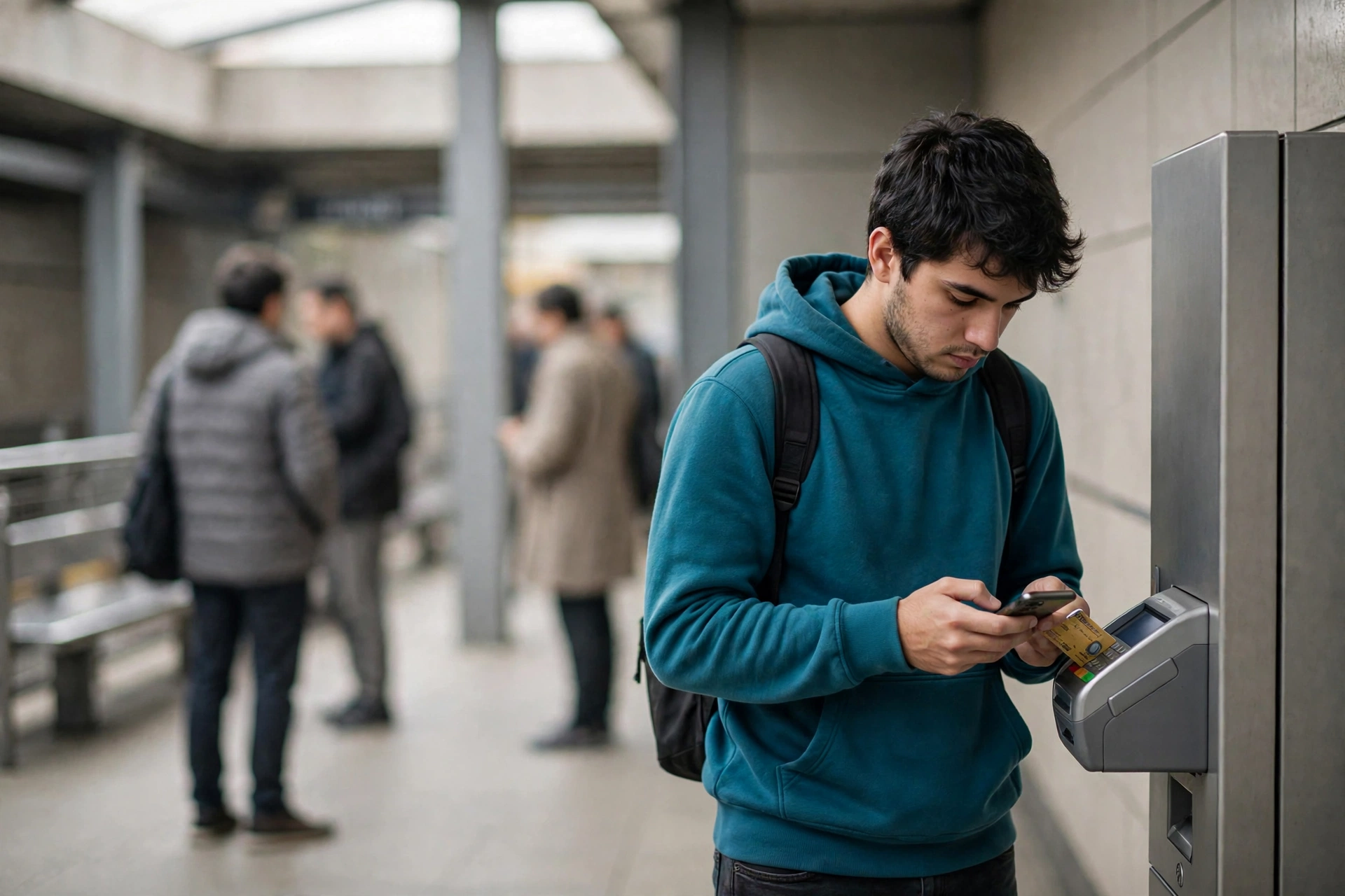 Estudante recarrega o cartão de transporte em uma estação de metrô e consulta o celular.