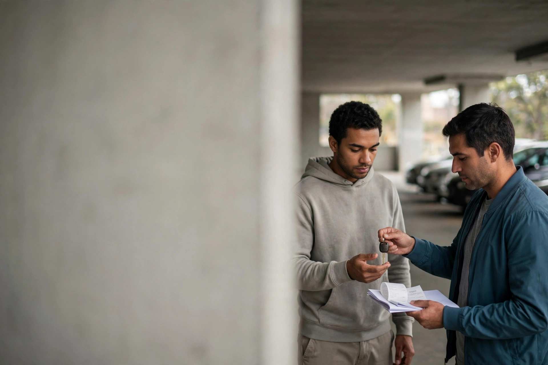 Vendedor de carro reúne documentos e comprovante bancário após concluir uma venda.