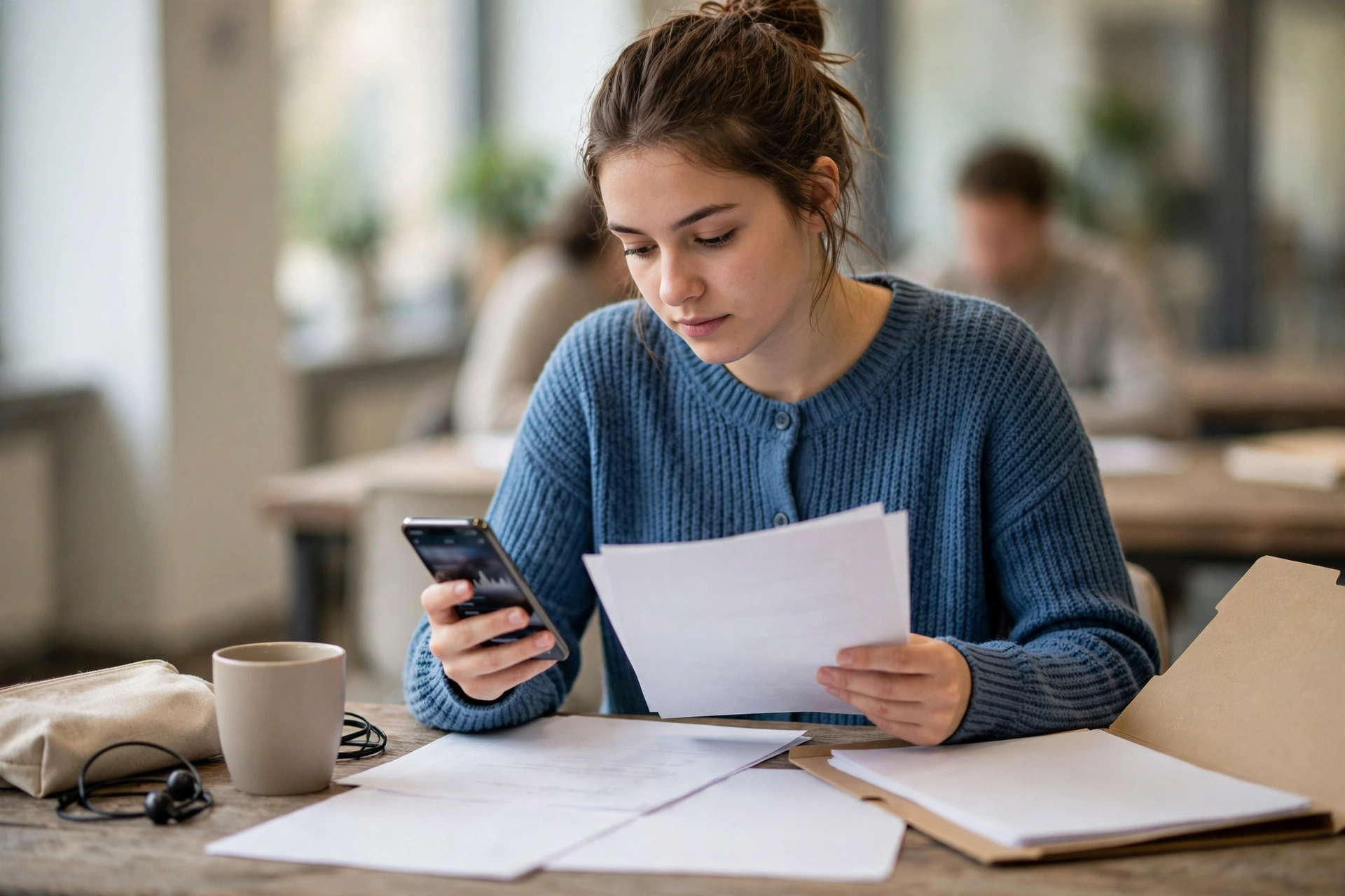 Estudante confere extratos bancários e documentos para comprovar recursos financeiros.